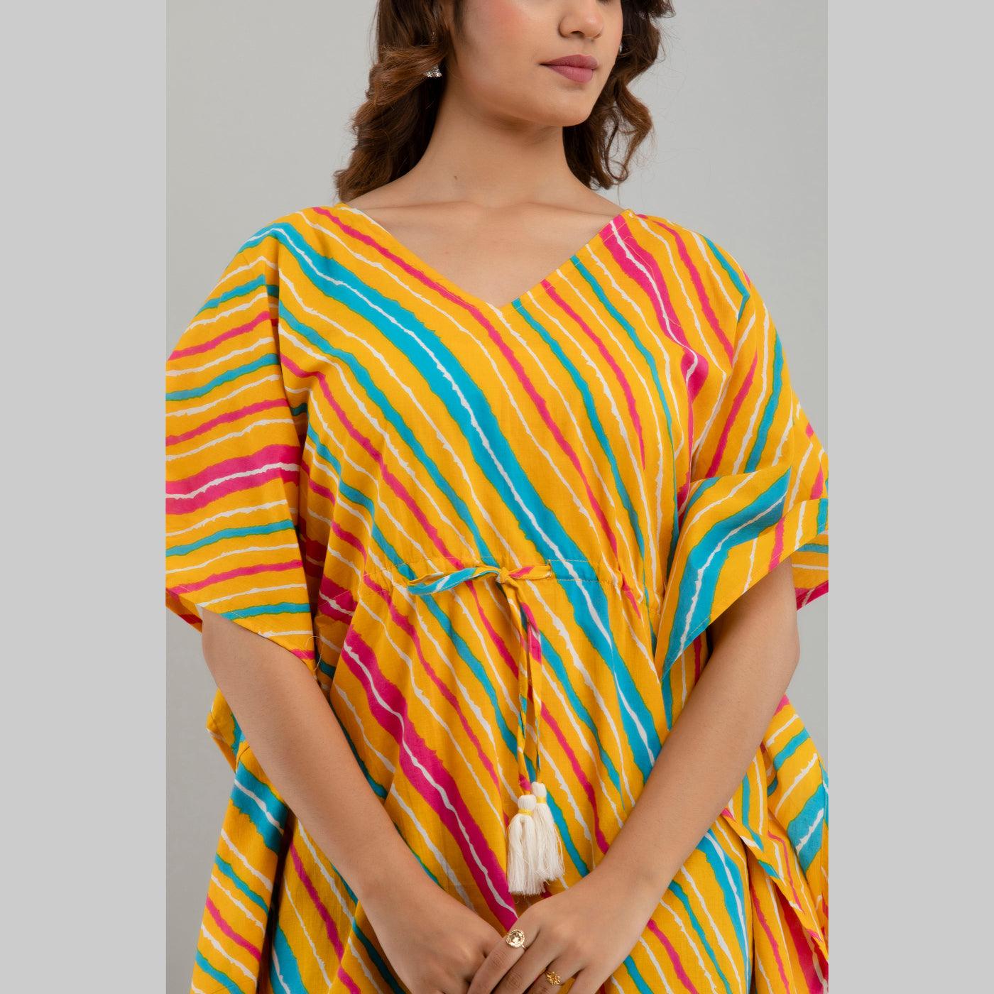 Yellow Leheriya Print Cotton Kaftan Dress (SHKUP1227) - Frionkandy