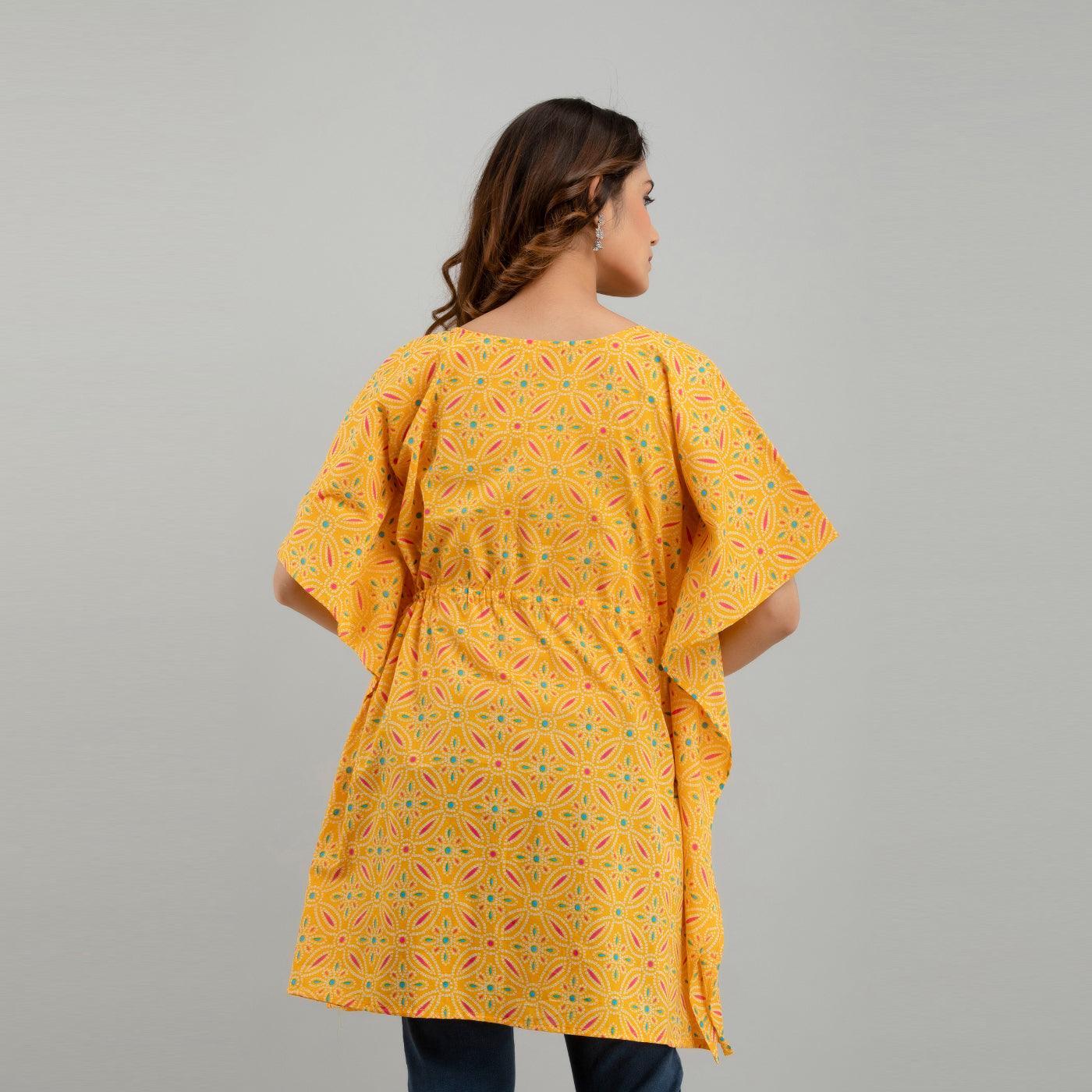 Yellow Bandhani Print Cotton Kaftan Dress (SHKUP1231) - Frionkandy