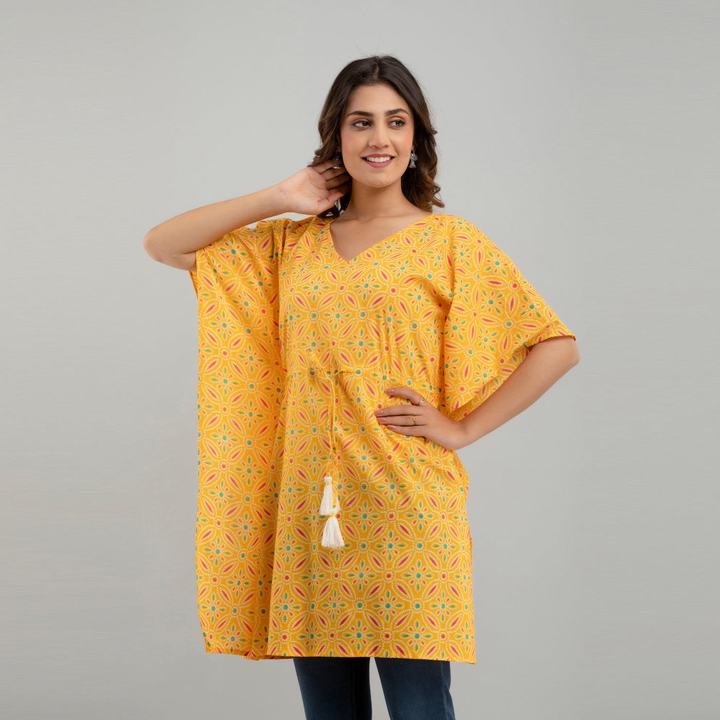 Yellow Bandhani Print Cotton Kaftan Dress (SHKUP1231) - Frionkandy