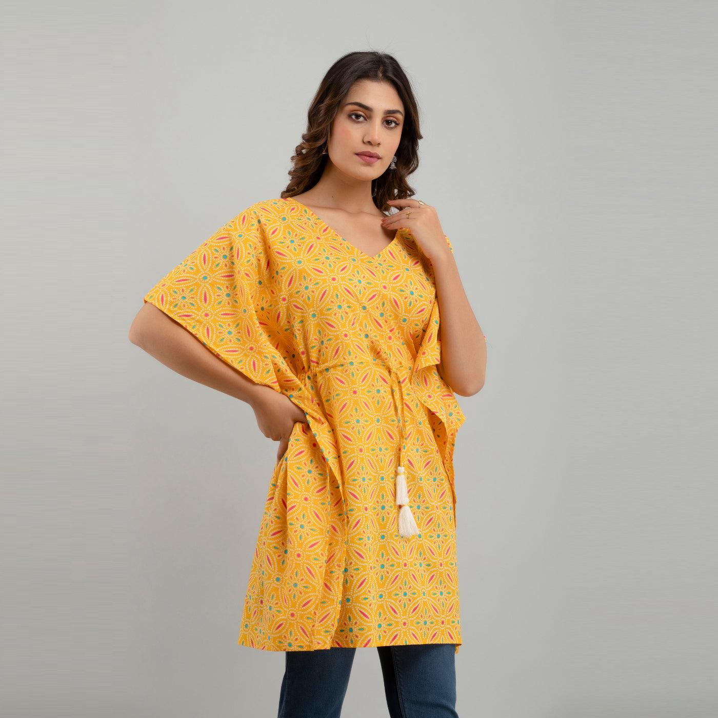 Yellow Bandhani Print Cotton Kaftan Dress (SHKUP1231) - Frionkandy