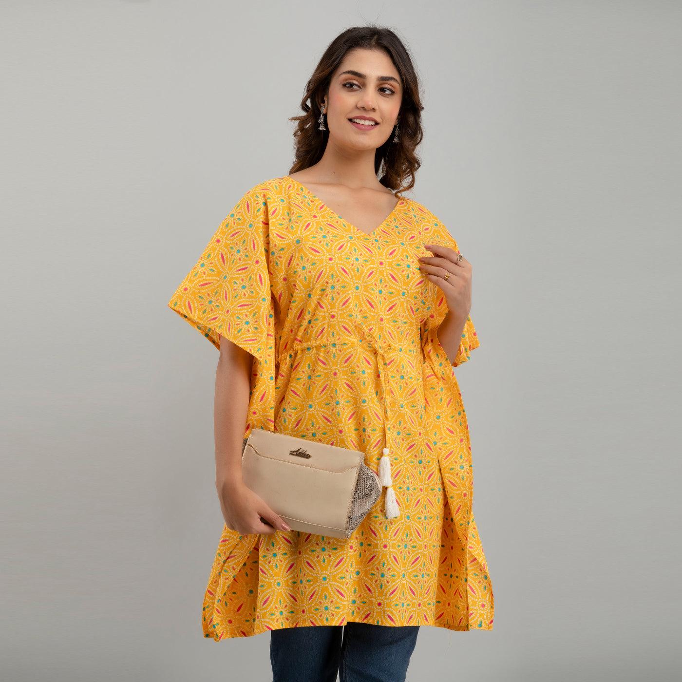 Yellow Bandhani Print Cotton Kaftan Dress (SHKUP1231) - Frionkandy