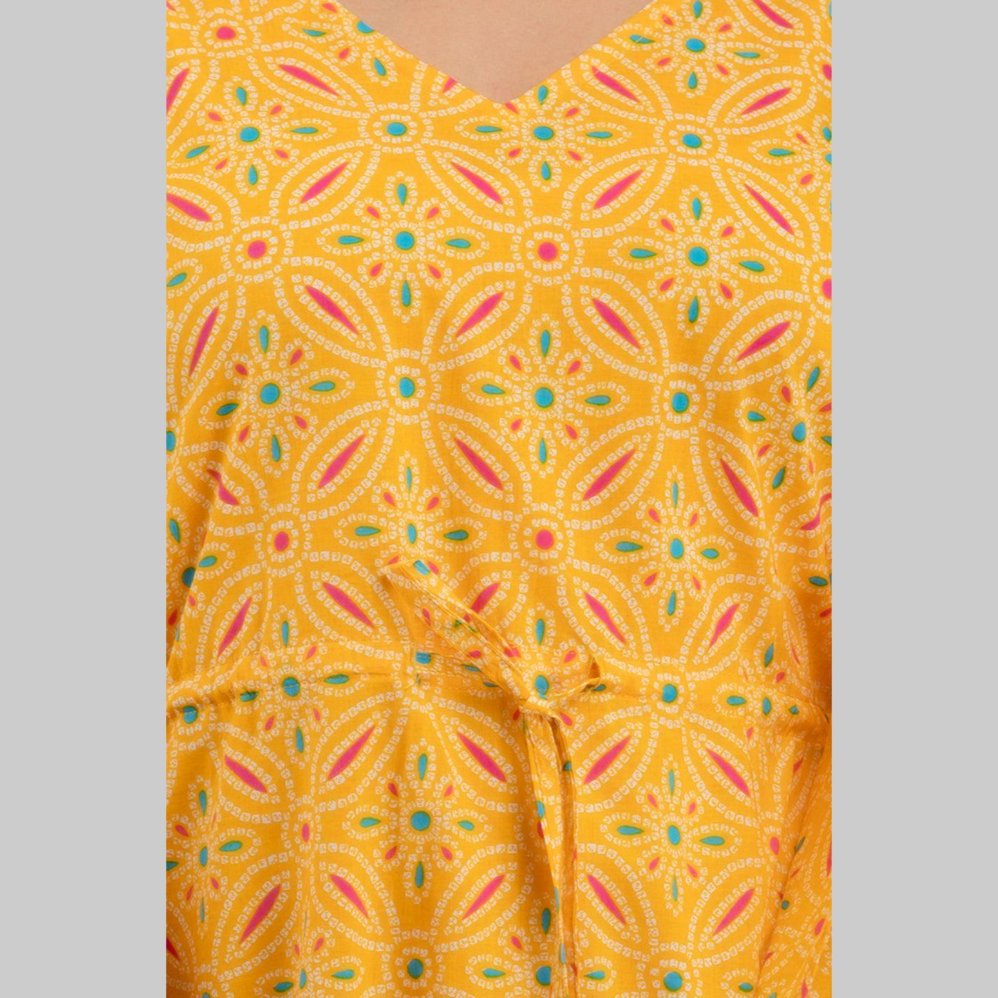 Yellow Bandhani Print Cotton Kaftan Dress (SHKUP1231) - Frionkandy