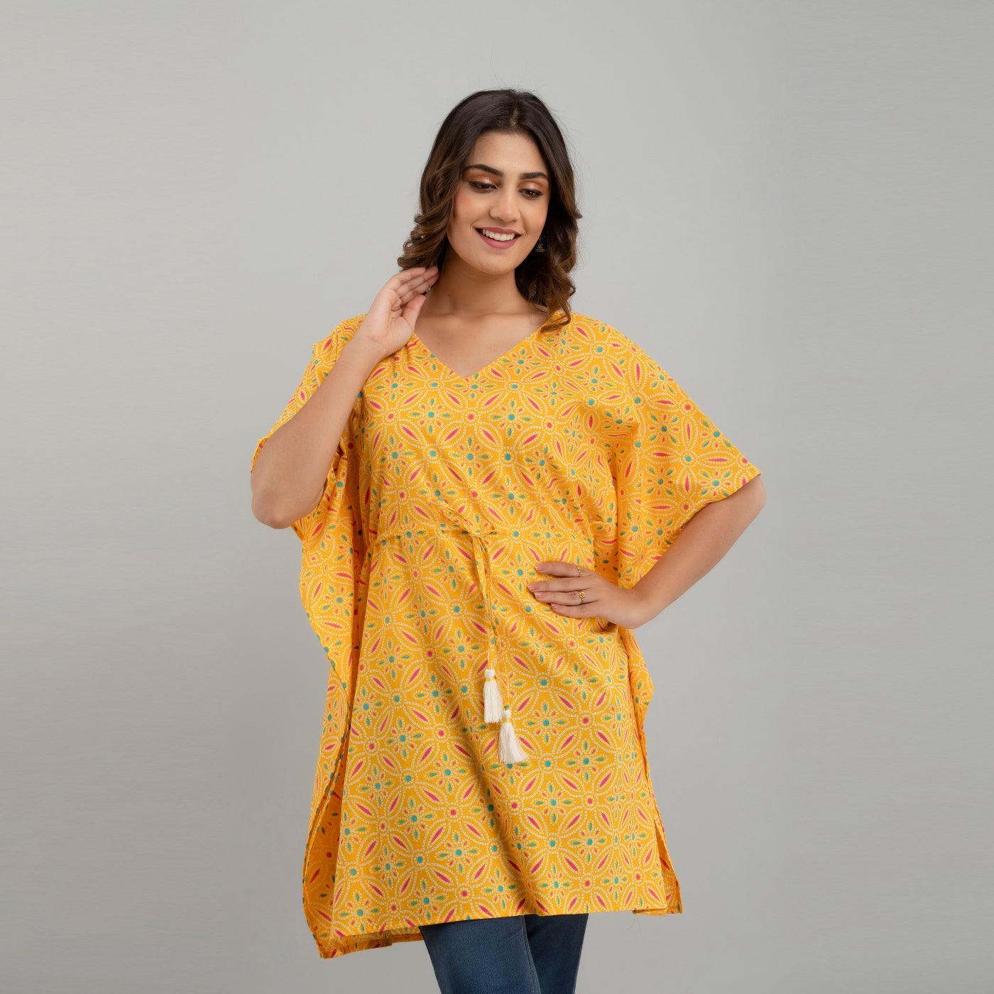 Yellow Bandhani Print Cotton Kaftan Dress (SHKUP1231) - Frionkandy