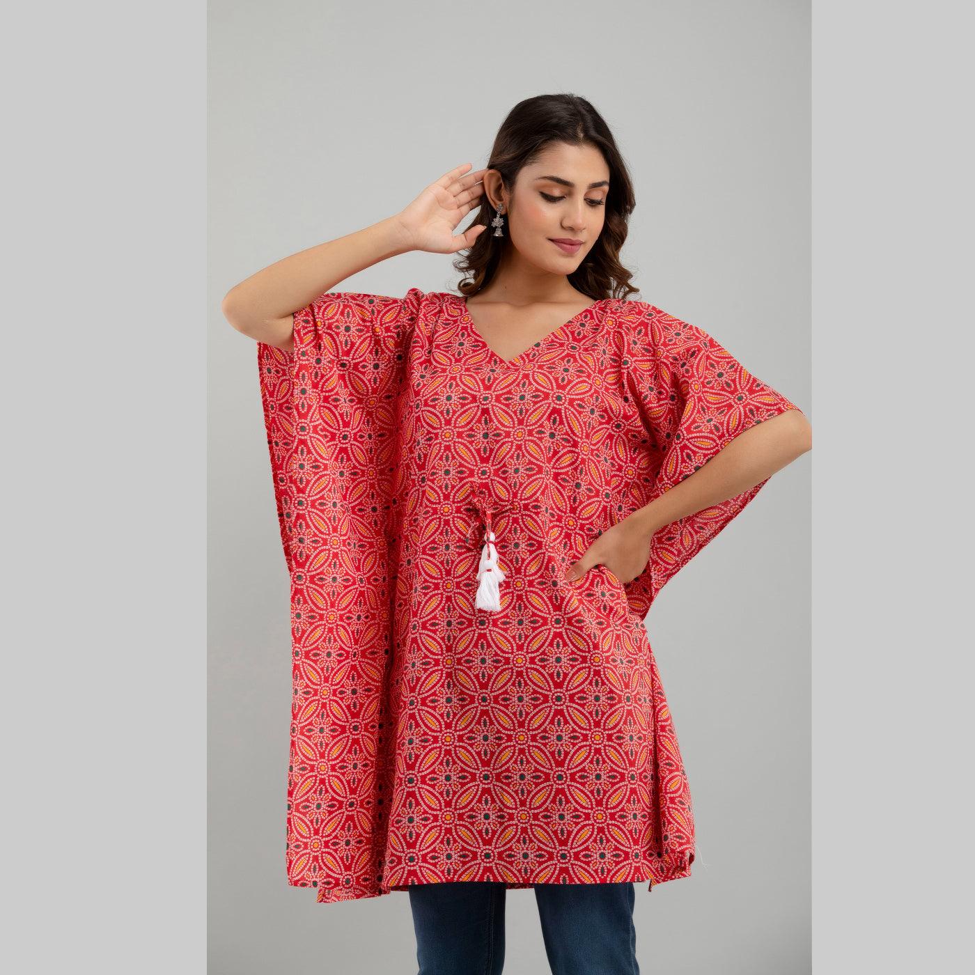 Pink Bandhani Print Cotton Kaftan Dress (SHKUP1232) - Frionkandy