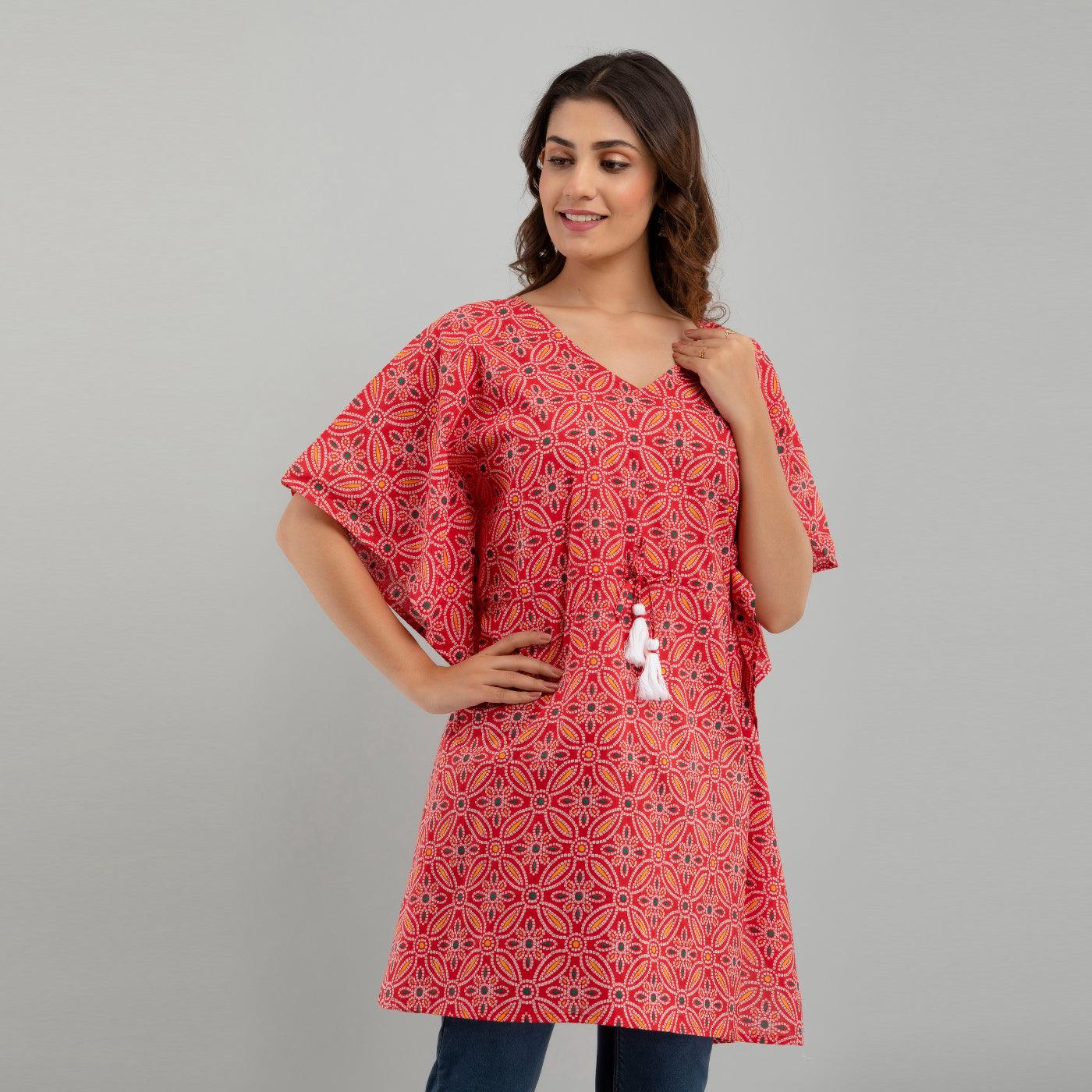 Pink Bandhani Print Cotton Kaftan Dress (SHKUP1232) - Frionkandy