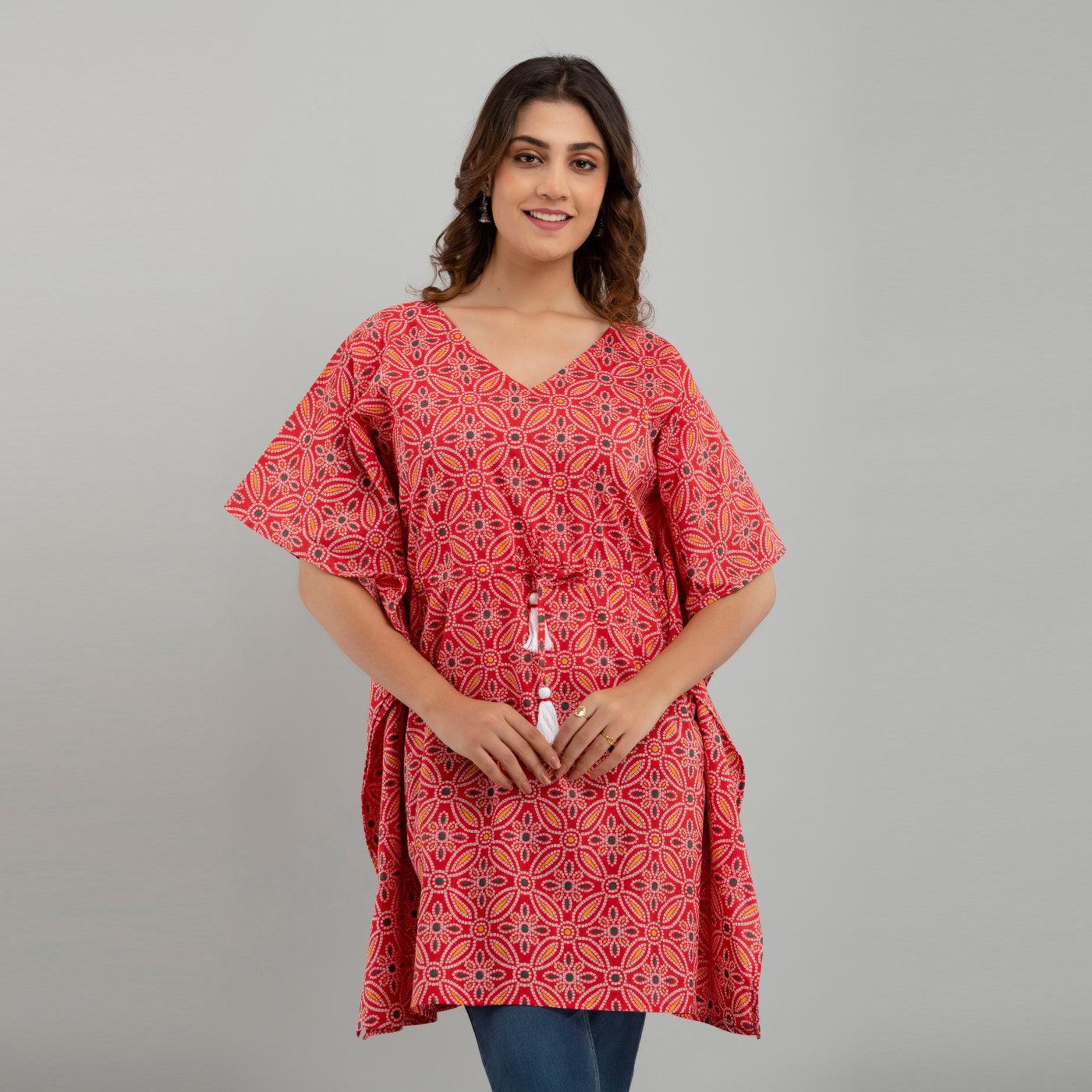 Pink Bandhani Print Cotton Kaftan Dress (SHKUP1232) - Frionkandy