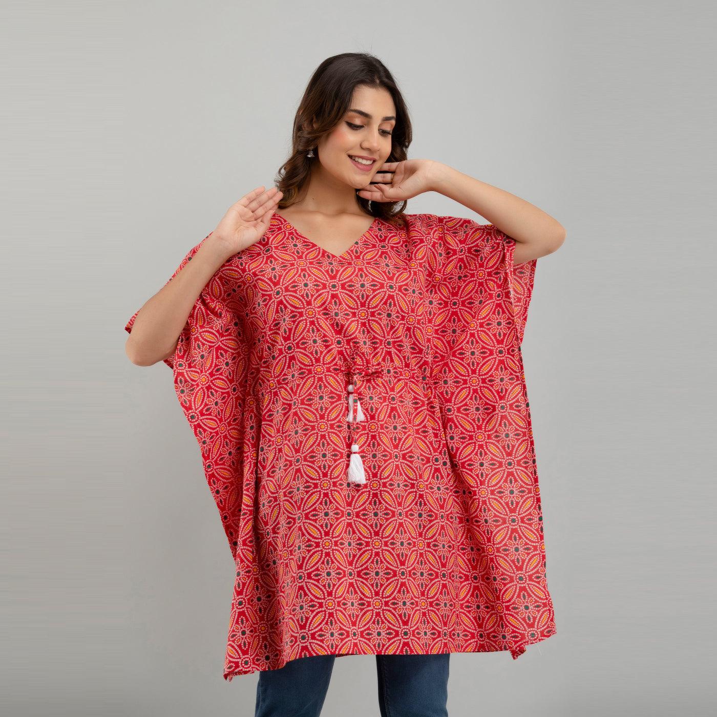 Pink Bandhani Print Cotton Kaftan Dress (SHKUP1232) - Frionkandy