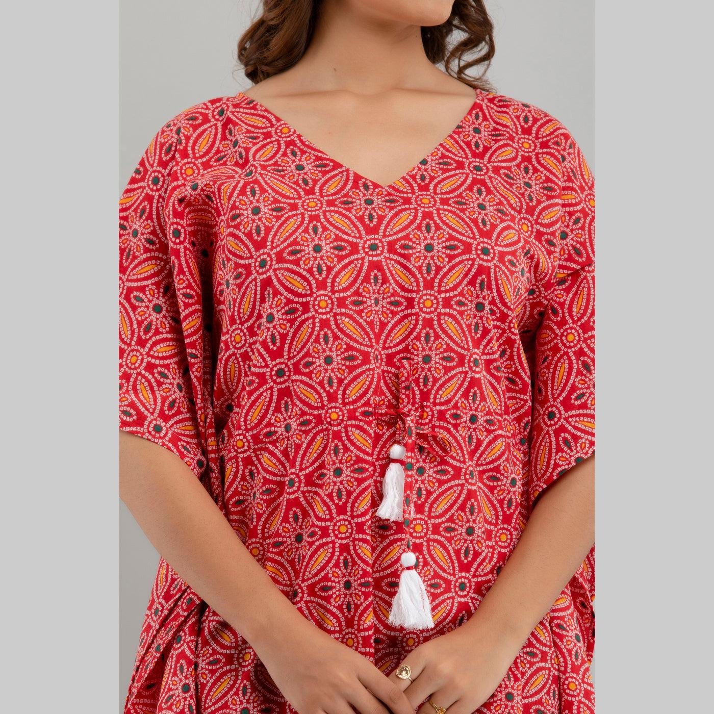 Pink Bandhani Print Cotton Kaftan Dress (SHKUP1232) - Frionkandy