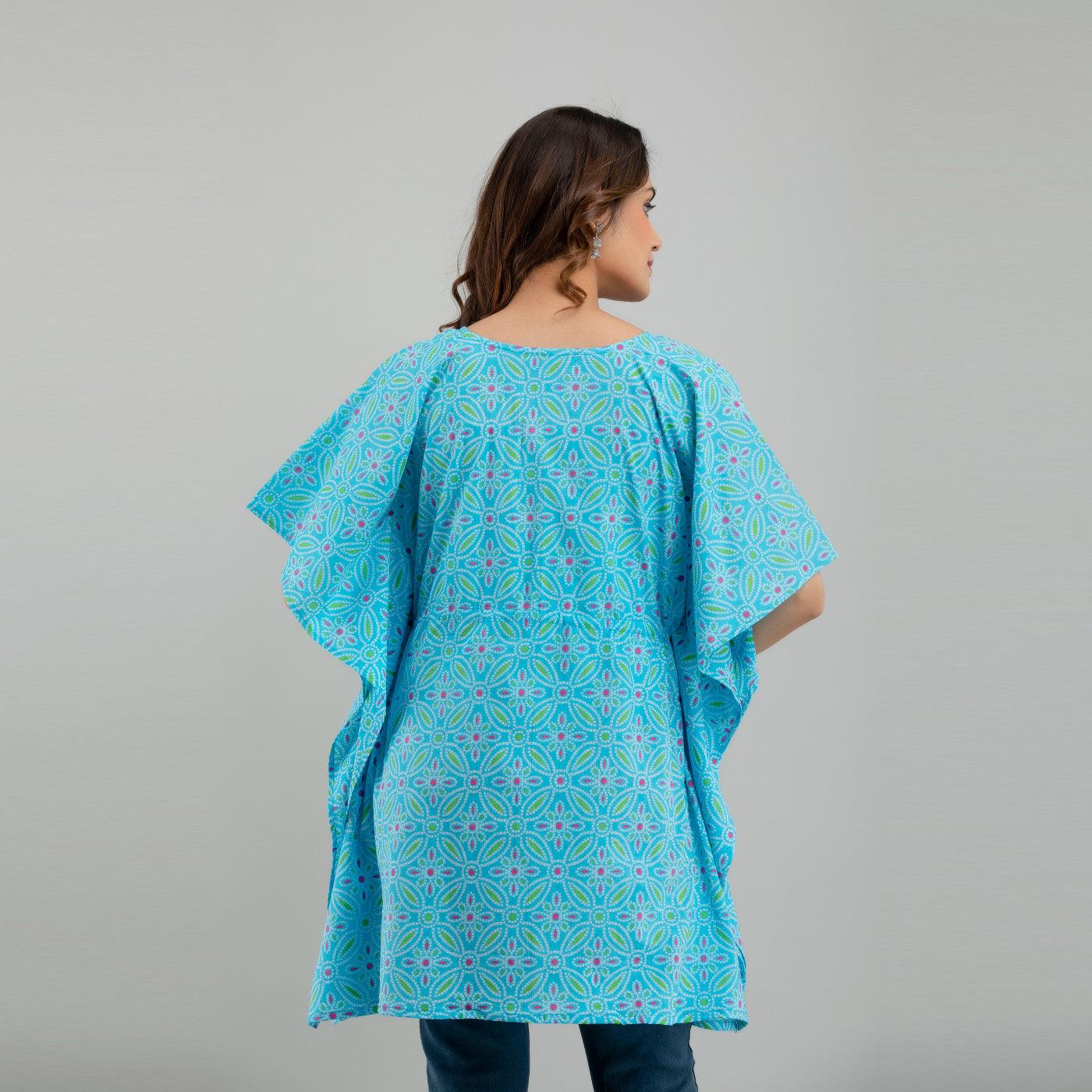 Light Blue Bandhani Print Cotton Kaftan Dress (SHKUP1233) - Frionkandy