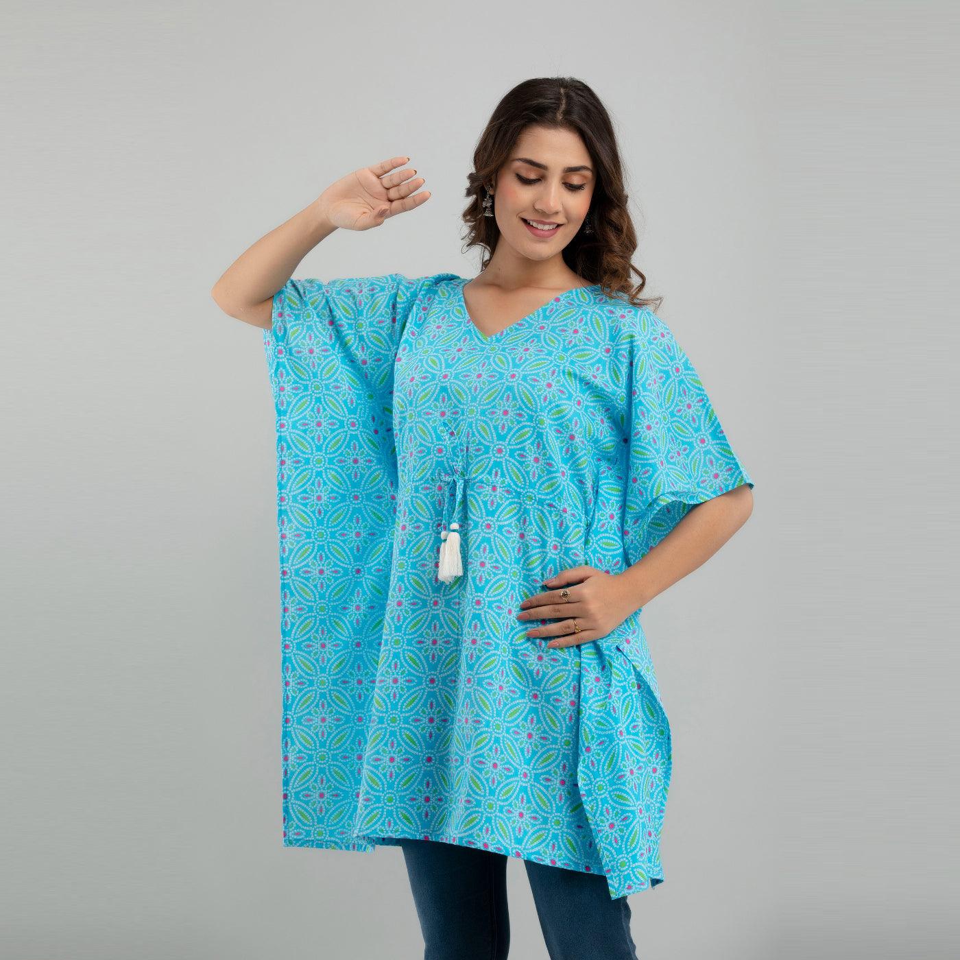 Light Blue Bandhani Print Cotton Kaftan Dress (SHKUP1233) - Frionkandy