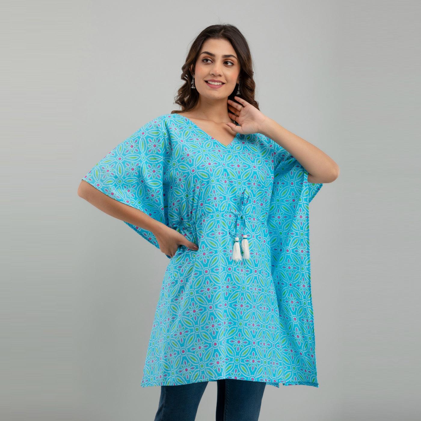 Light Blue Bandhani Print Cotton Kaftan Dress (SHKUP1233) - Frionkandy