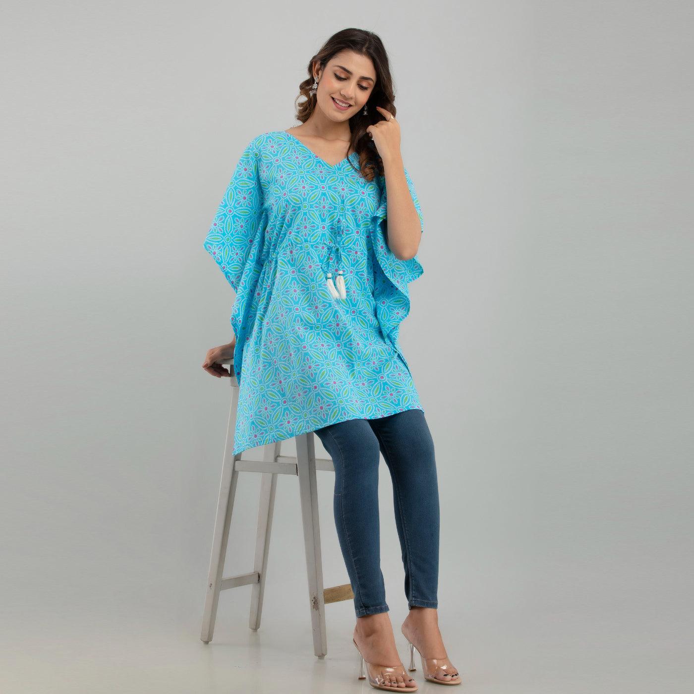 Light Blue Bandhani Print Cotton Kaftan Dress (SHKUP1233) - Frionkandy