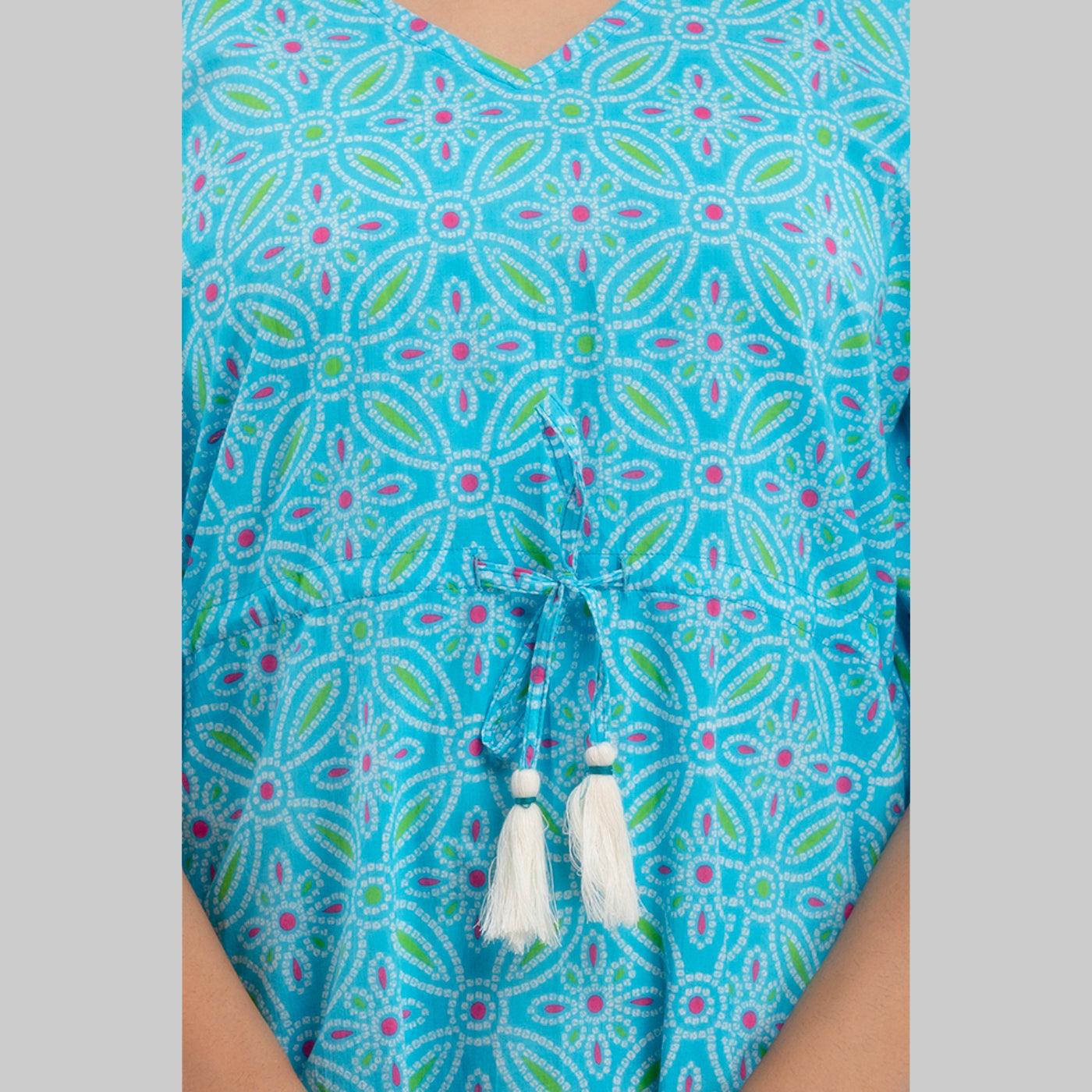 Light Blue Bandhani Print Cotton Kaftan Dress (SHKUP1233) - Frionkandy