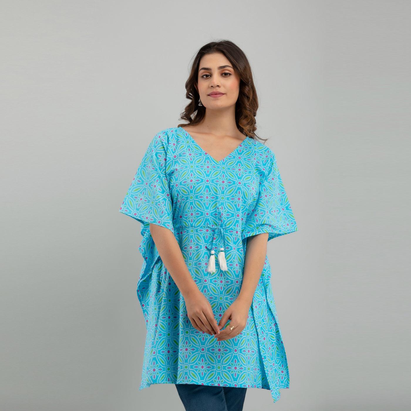 Light Blue Bandhani Print Cotton Kaftan Dress (SHKUP1233) - Frionkandy