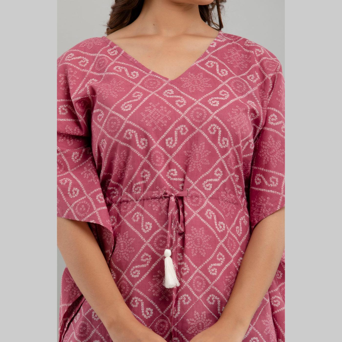 Purple Bandhani Print Cotton Kaftan Dress (SHKUP1234) - Frionkandy