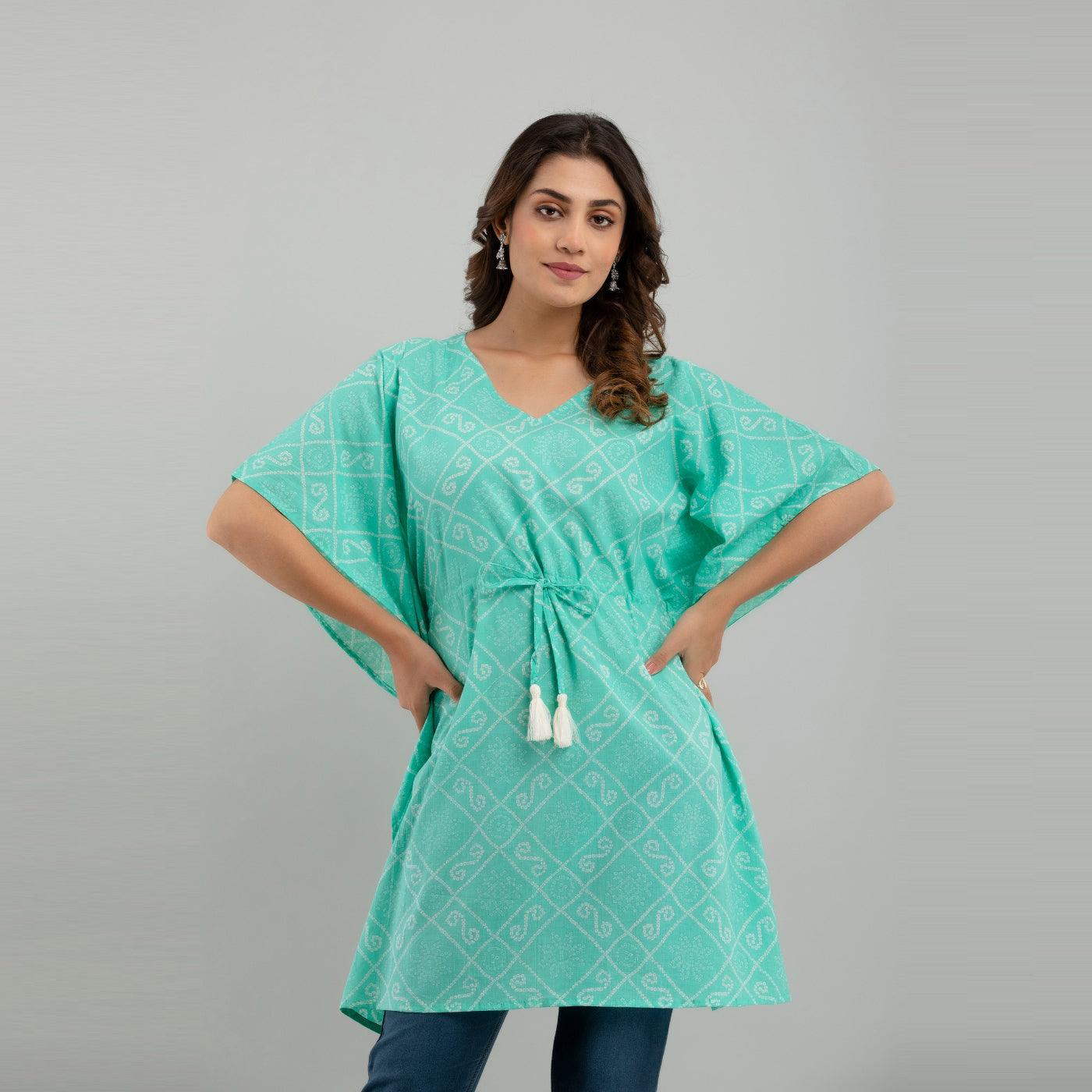 Light Blue Bandhani Print Cotton Kaftan Dress (SHKUP1235) - Frionkandy