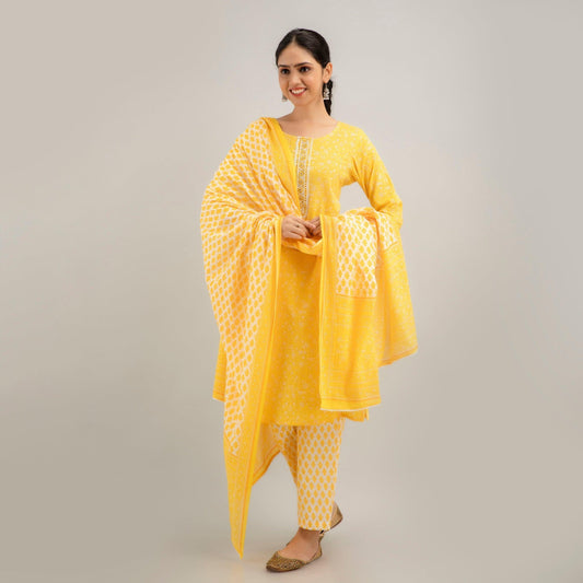 Yellow Floral Print with Yoke Design A-Line Kurta with Trousers & Dupatta - Frionkandy