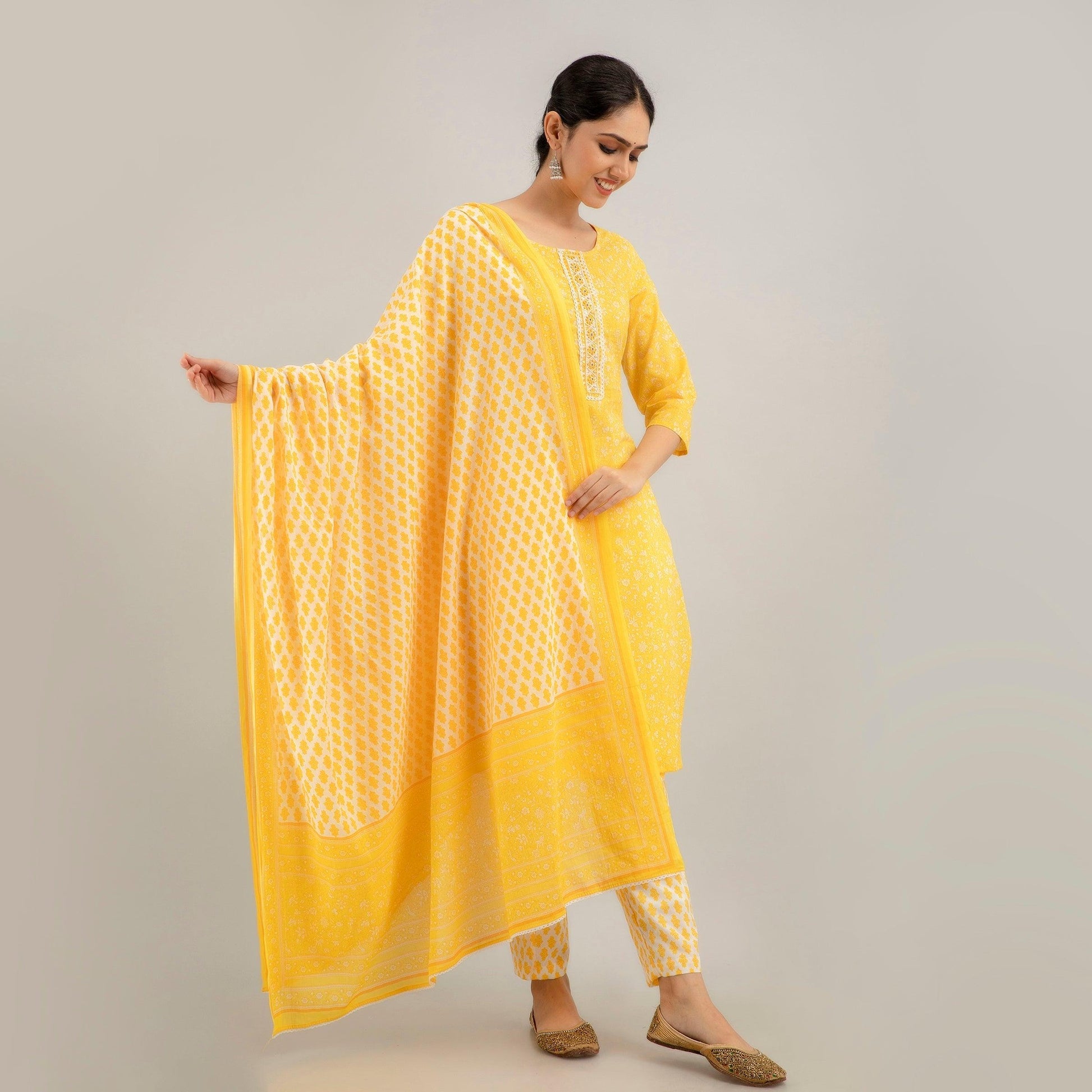 Yellow Floral Print with Yoke Design A-Line Kurta with Trousers & Dupatta - Frionkandy