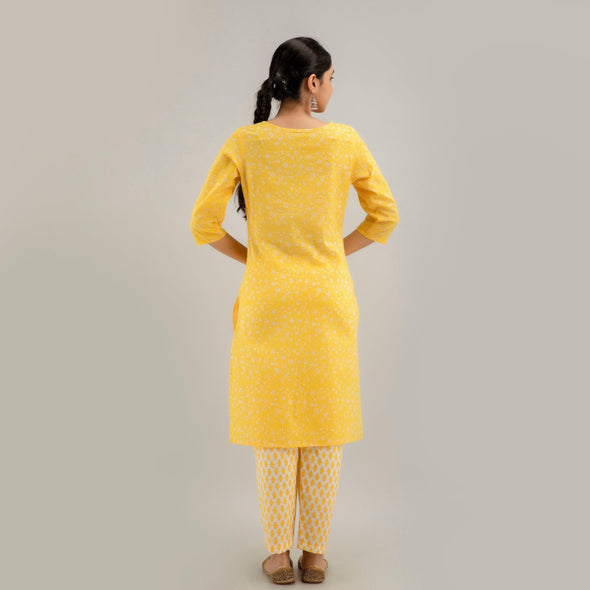Yellow Floral Print with Yoke Design A-Line Kurta with Trousers & Dupatta - Frionkandy