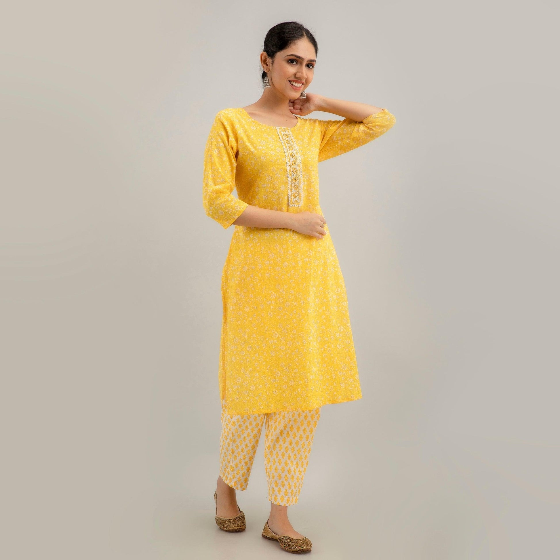 Yellow Floral Print with Yoke Design A-Line Kurta with Trousers & Dupatta - Frionkandy