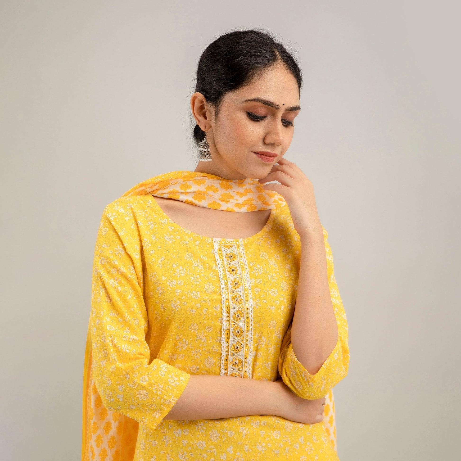 Yellow Floral Print with Yoke Design A-Line Kurta with Trousers & Dupatta - Frionkandy