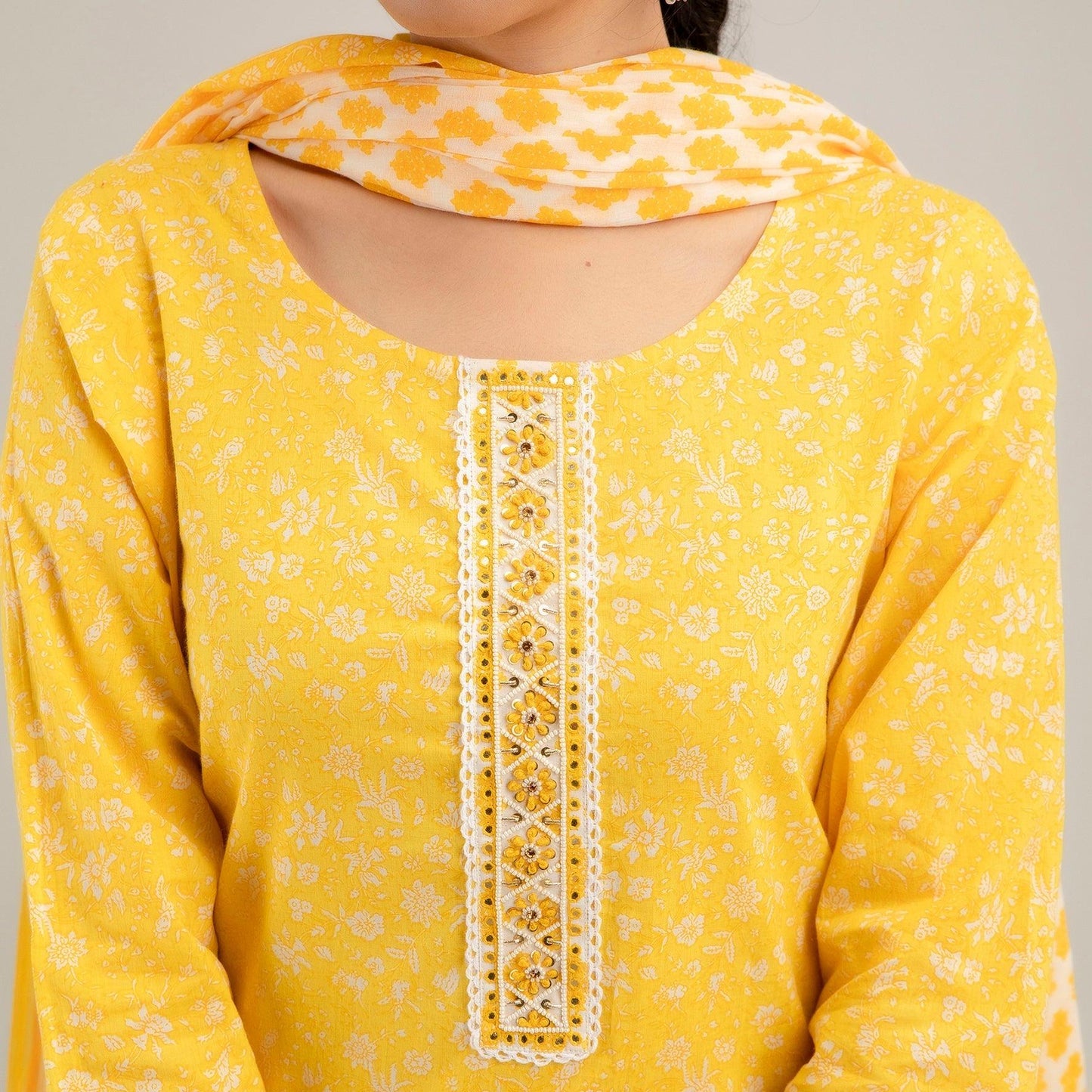 Yellow Floral Print with Yoke Design A-Line Kurta with Trousers & Dupatta - Frionkandy