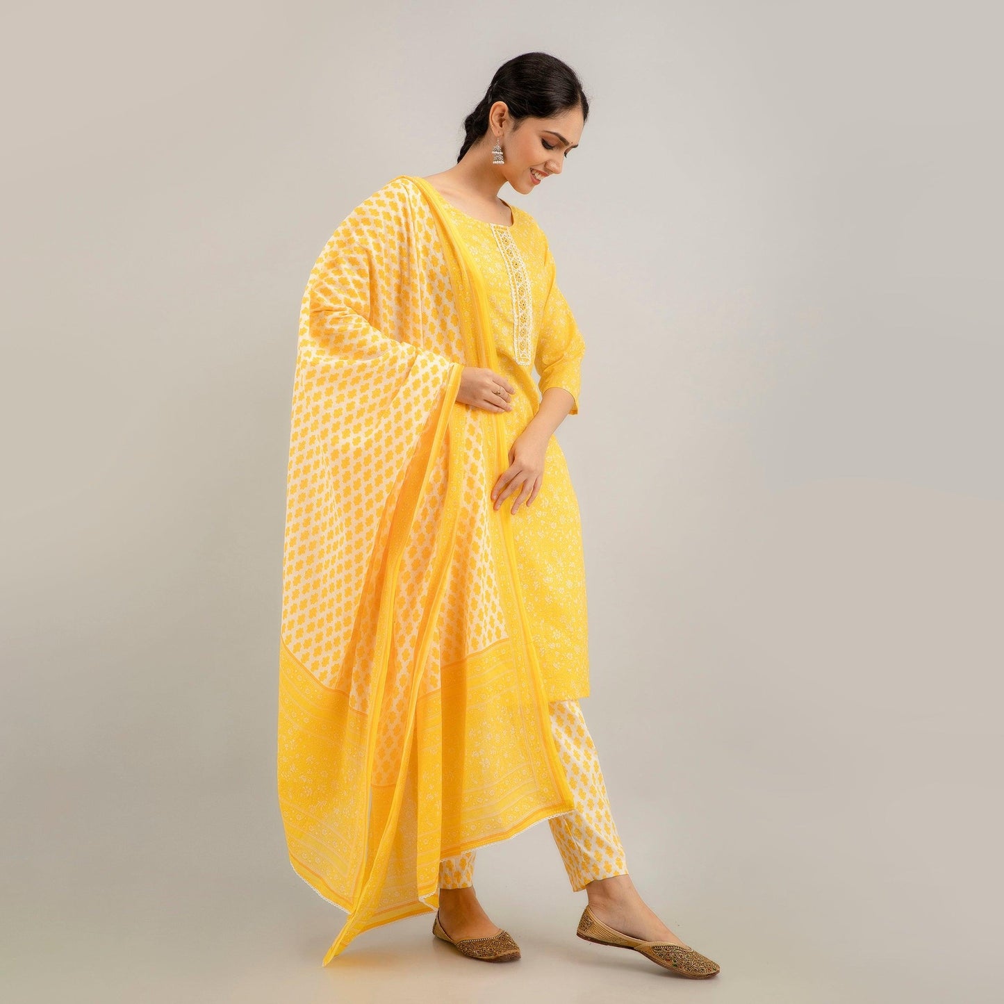 Yellow Floral Print with Yoke Design A-Line Kurta with Trousers & Dupatta - Frionkandy