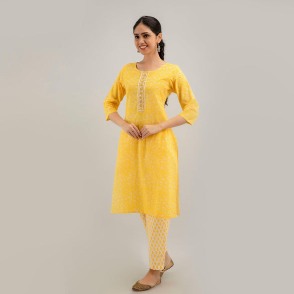 Yellow Floral Print with Yoke Design A-Line Kurta with Trousers & Dupatta - Frionkandy