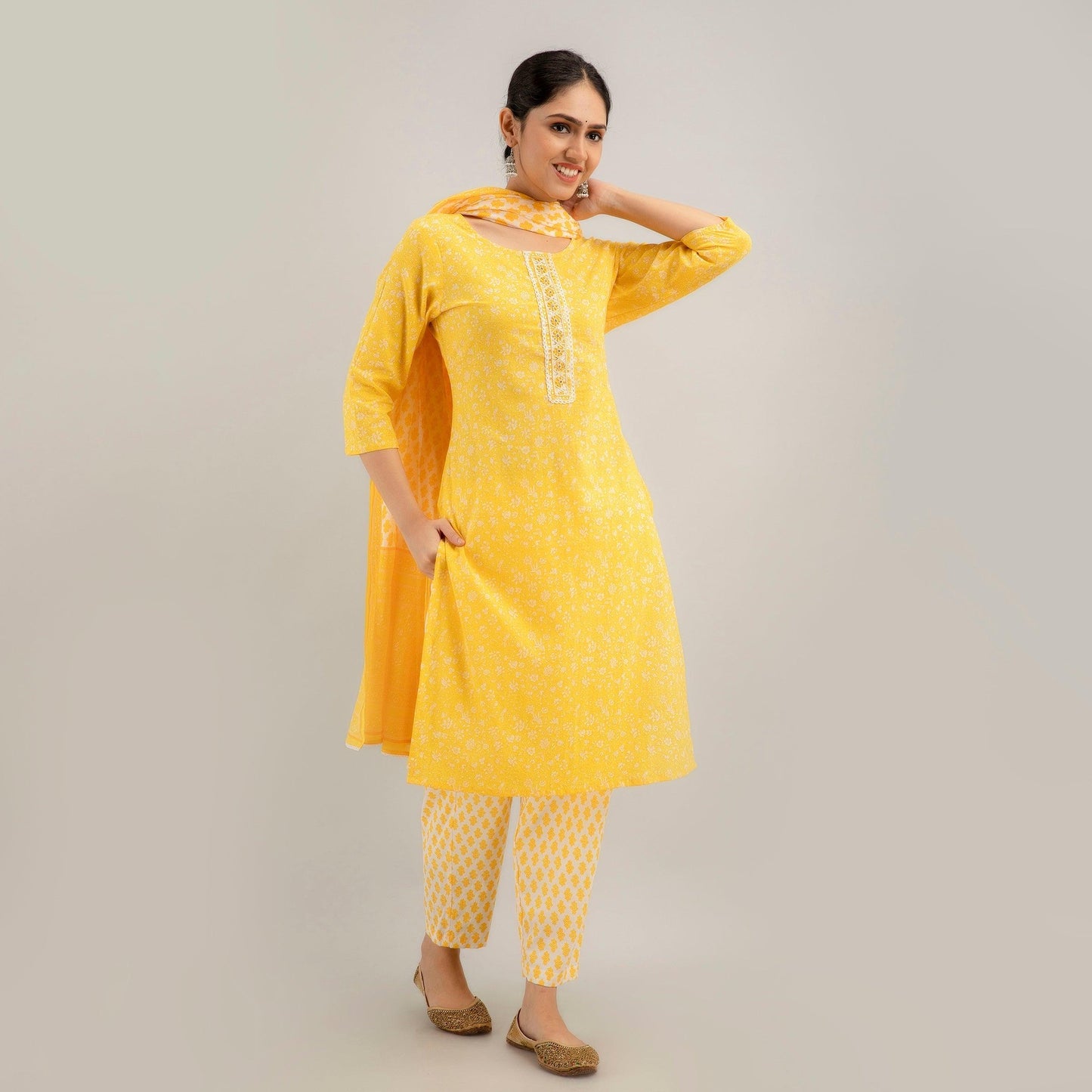 Yellow Floral Print with Yoke Design A-Line Kurta with Trousers & Dupatta - Frionkandy