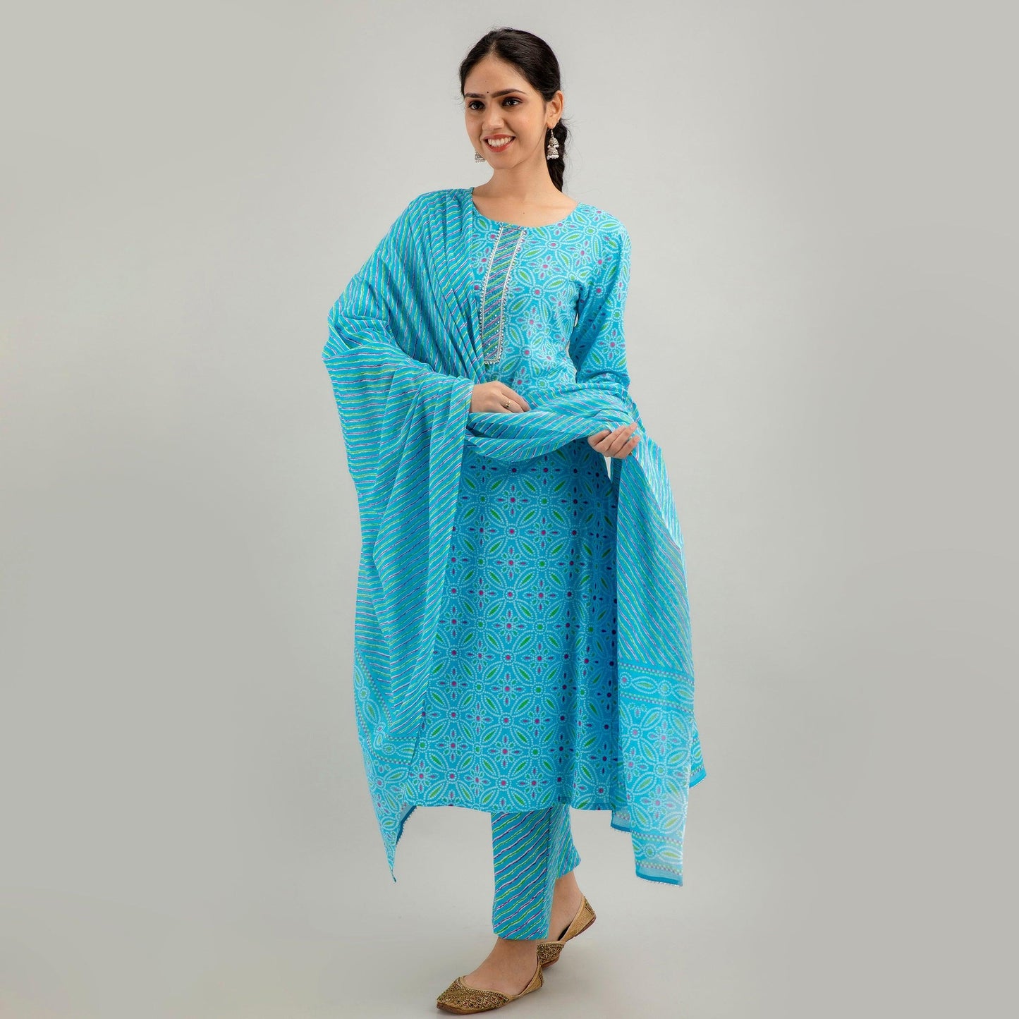 Sky Blue Bandhani Print with Yoke Design A-Line Kurta with Trousers & Dupatta - Frionkandy