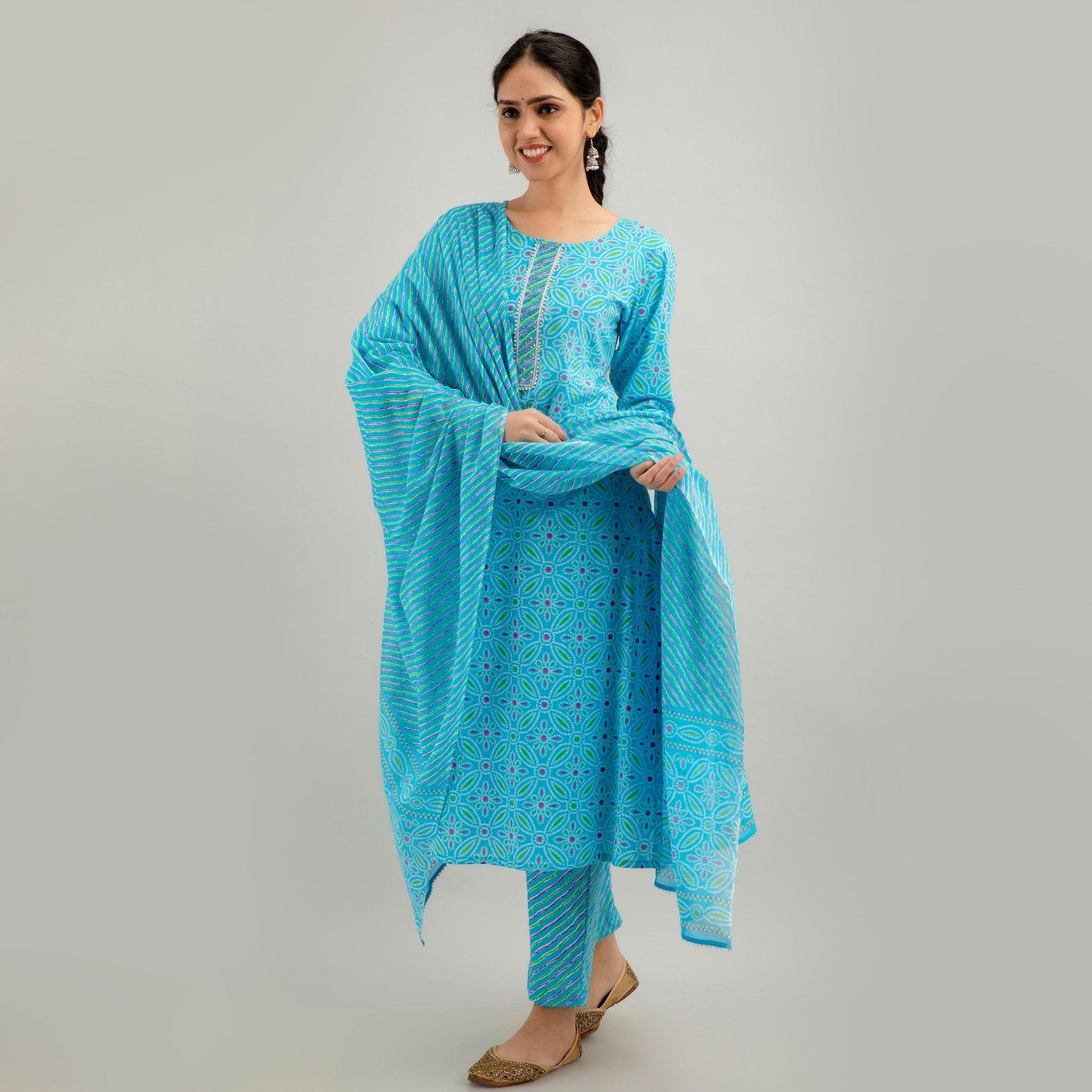 Sky Blue Bandhani Print with Yoke Design A-Line Kurta with Trousers & Dupatta - Frionkandy