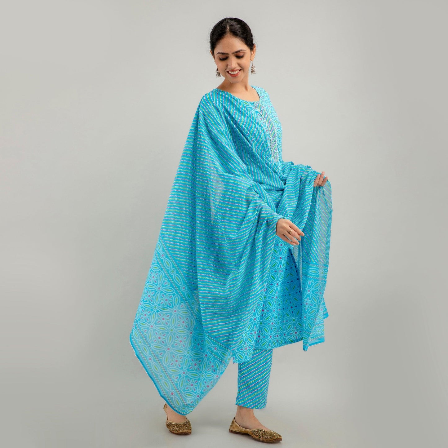 Sky Blue Bandhani Print with Yoke Design A-Line Kurta with Trousers & Dupatta - Frionkandy