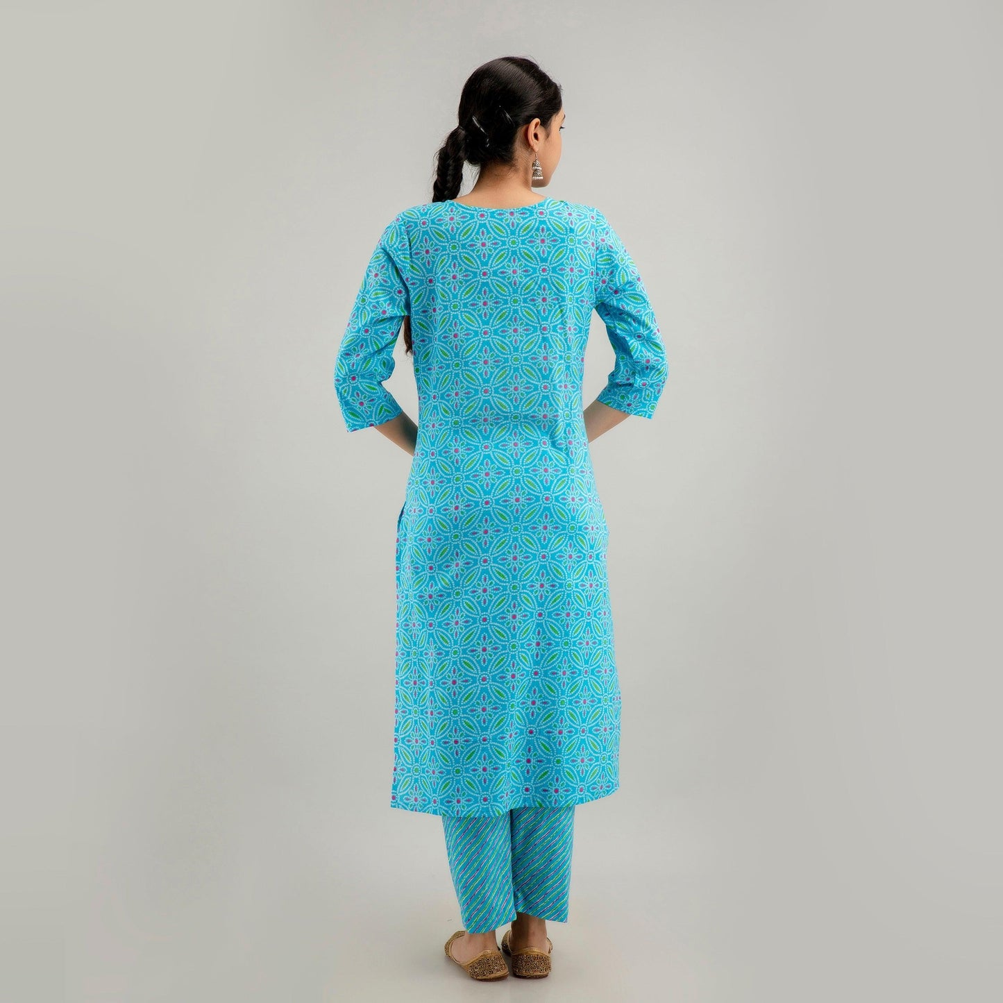 Sky Blue Bandhani Print with Yoke Design A-Line Kurta with Trousers & Dupatta - Frionkandy