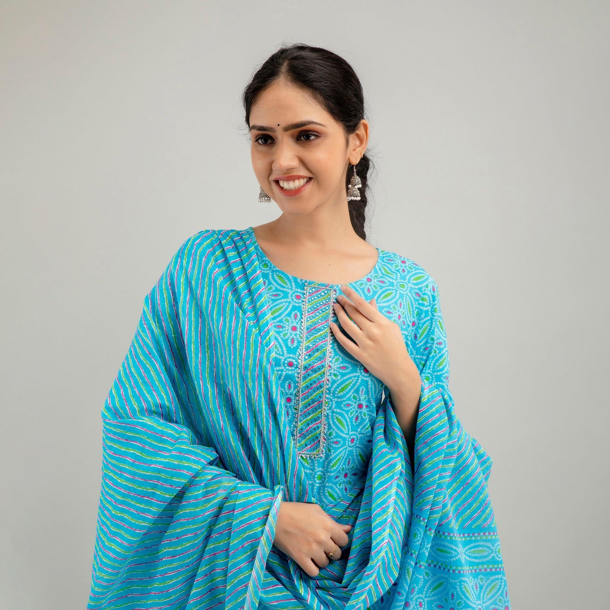 Sky Blue Bandhani Print with Yoke Design A-Line Kurta with Trousers & Dupatta - Frionkandy