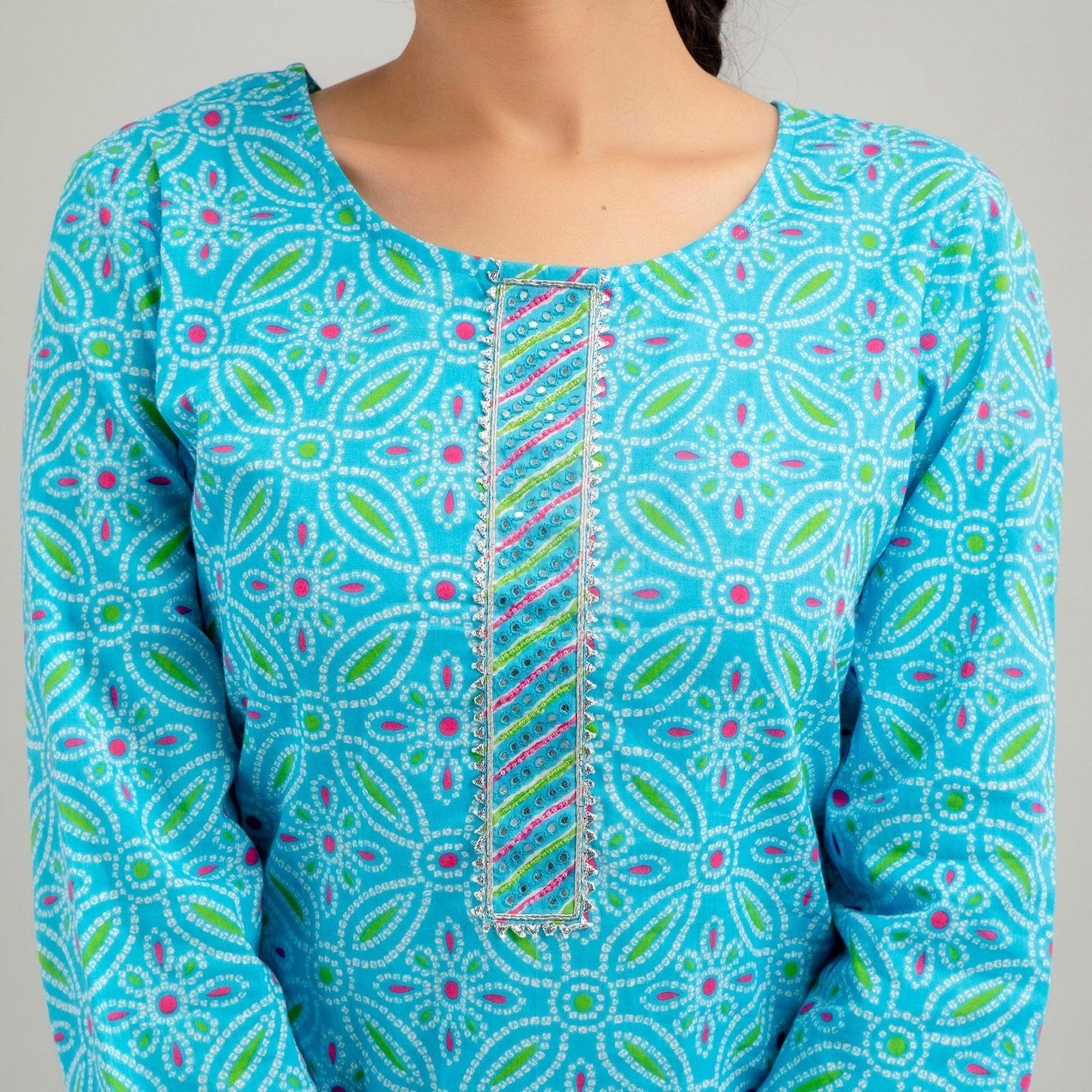 Sky Blue Bandhani Print with Yoke Design A-Line Kurta with Trousers & Dupatta - Frionkandy