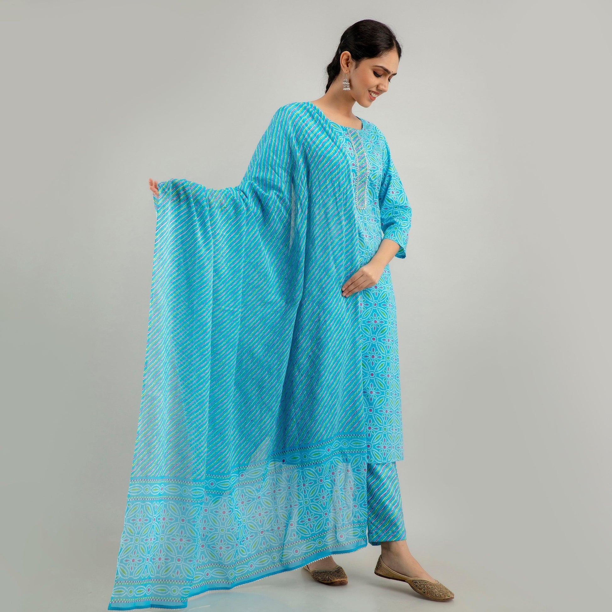 Sky Blue Bandhani Print with Yoke Design A-Line Kurta with Trousers & Dupatta - Frionkandy