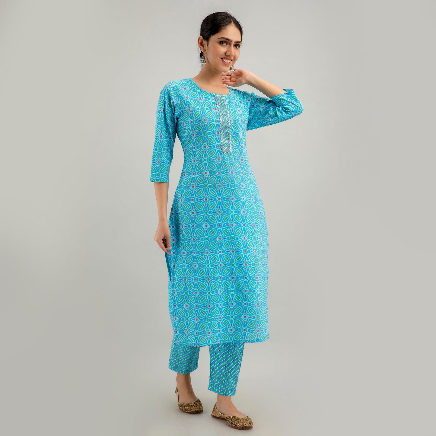 Sky Blue Bandhani Print with Yoke Design A-Line Kurta with Trousers & Dupatta - Frionkandy