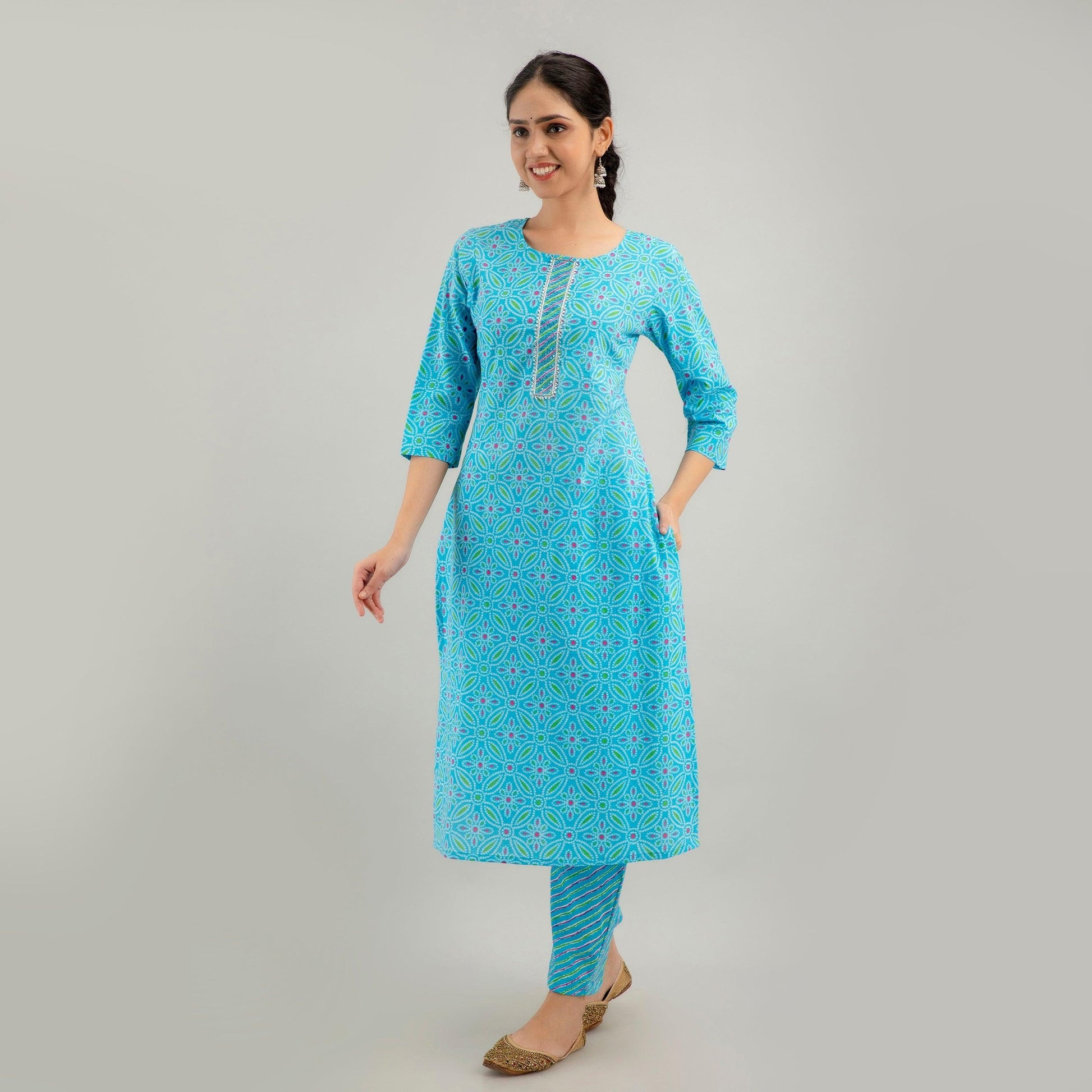 Sky Blue Bandhani Print with Yoke Design A-Line Kurta with Trousers & Dupatta - Frionkandy