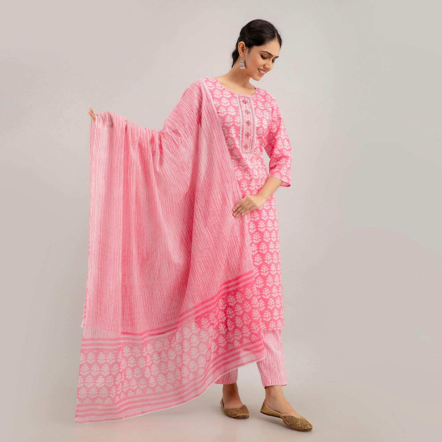 Pink Floral Print with Yoke Design A-Line Kurta with Trousers & Dupatta - Frionkandy