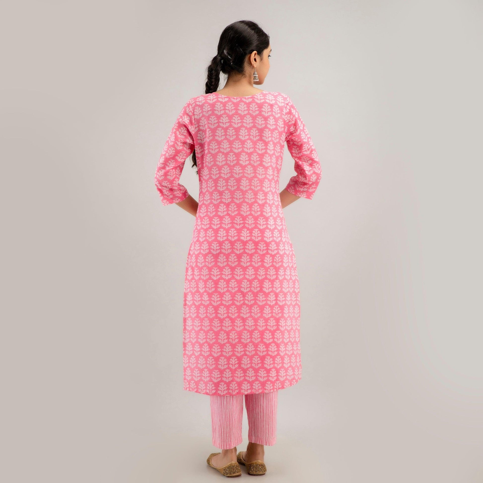 Pink Floral Print with Yoke Design A-Line Kurta with Trousers & Dupatta - Frionkandy