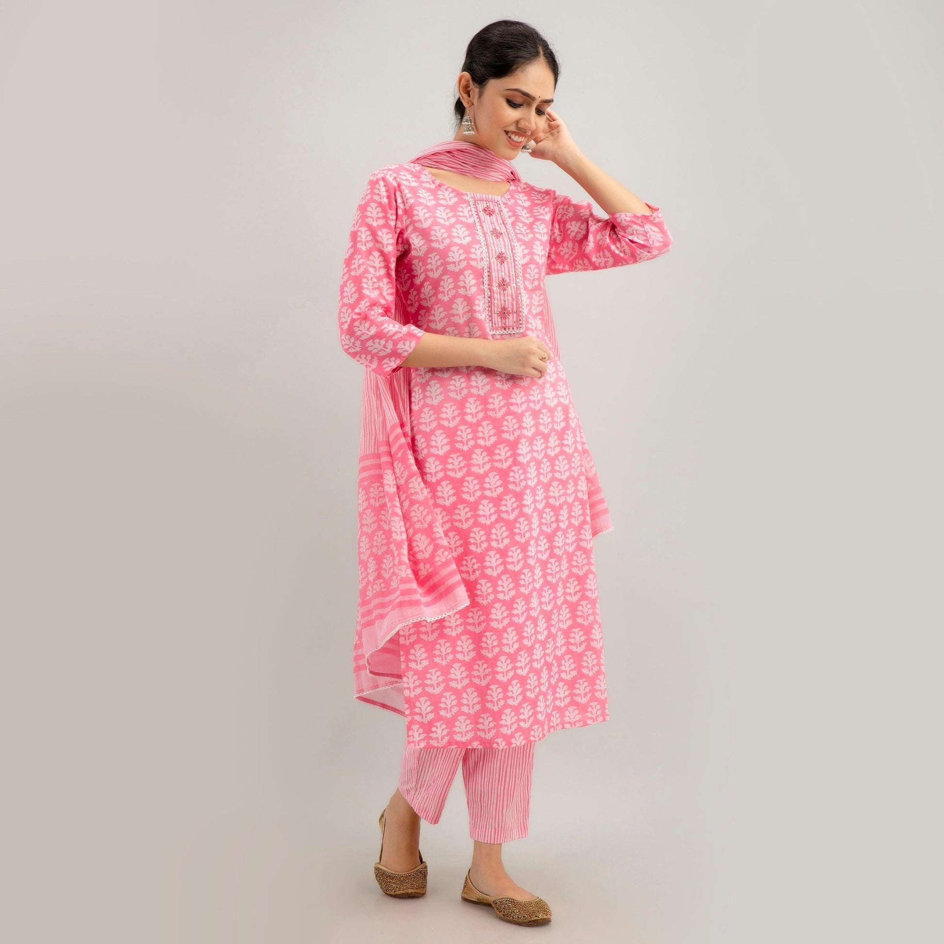 Pink Floral Print with Yoke Design A-Line Kurta with Trousers & Dupatta - Frionkandy