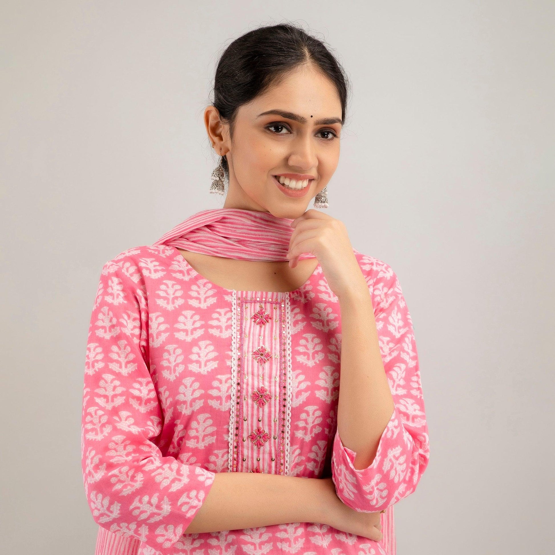 Pink Floral Print with Yoke Design A-Line Kurta with Trousers & Dupatta - Frionkandy