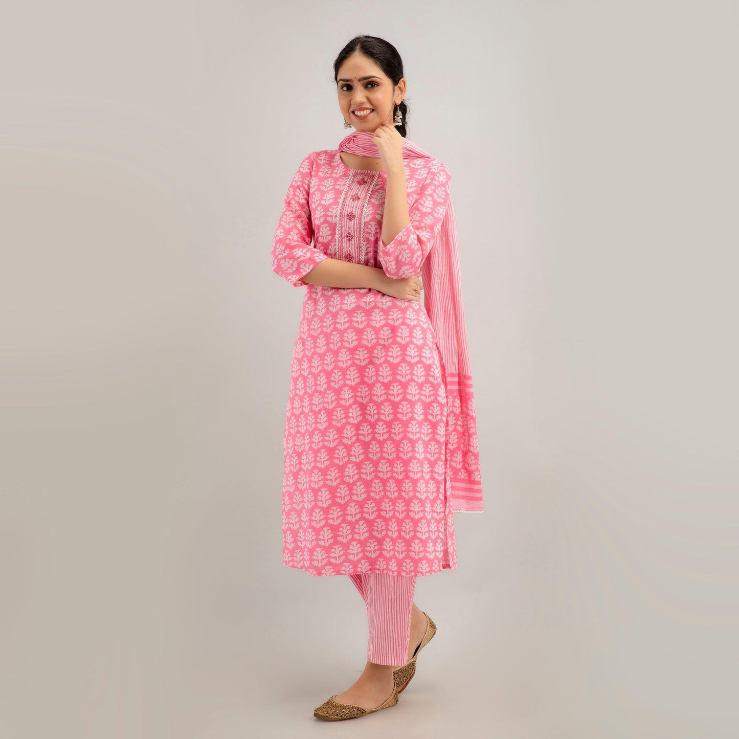 Pink Floral Print with Yoke Design A-Line Kurta with Trousers & Dupatta - Frionkandy