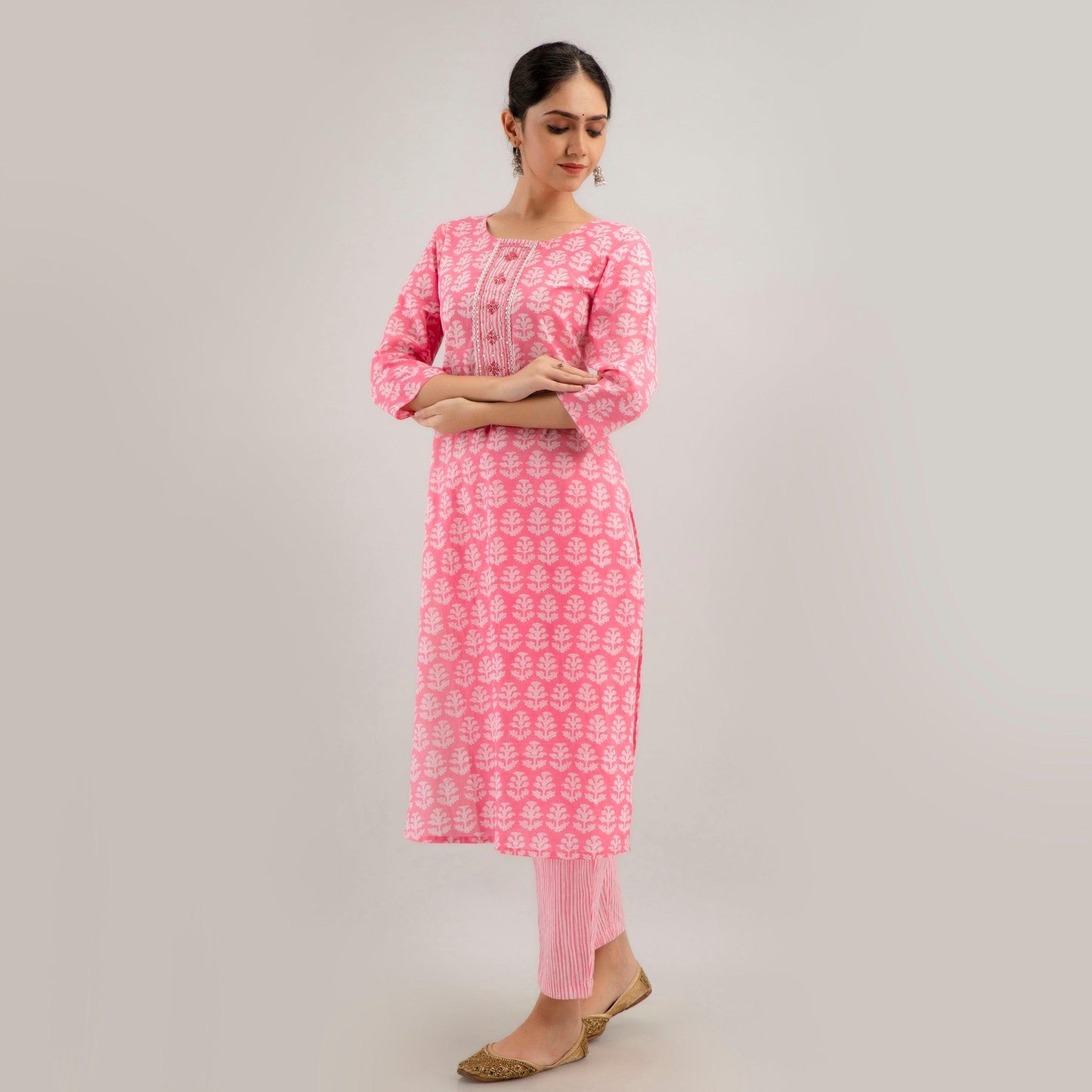 Pink Floral Print with Yoke Design A-Line Kurta with Trousers & Dupatta - Frionkandy