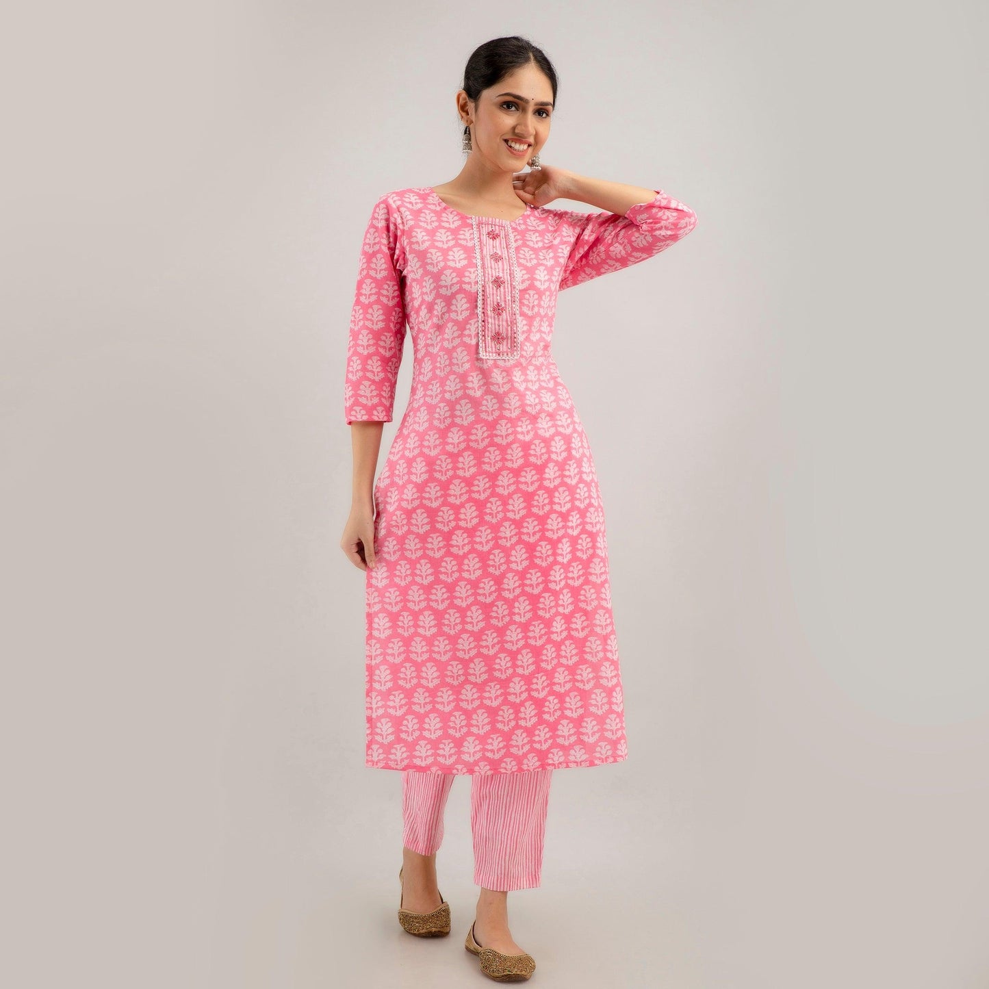 Pink Floral Print with Yoke Design A-Line Kurta with Trousers & Dupatta - Frionkandy