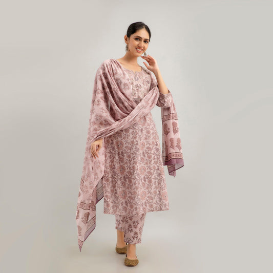 Purple Floral Print with Yoke Design A-Line Kurta with Trousers & Dupatta - Frionkandy