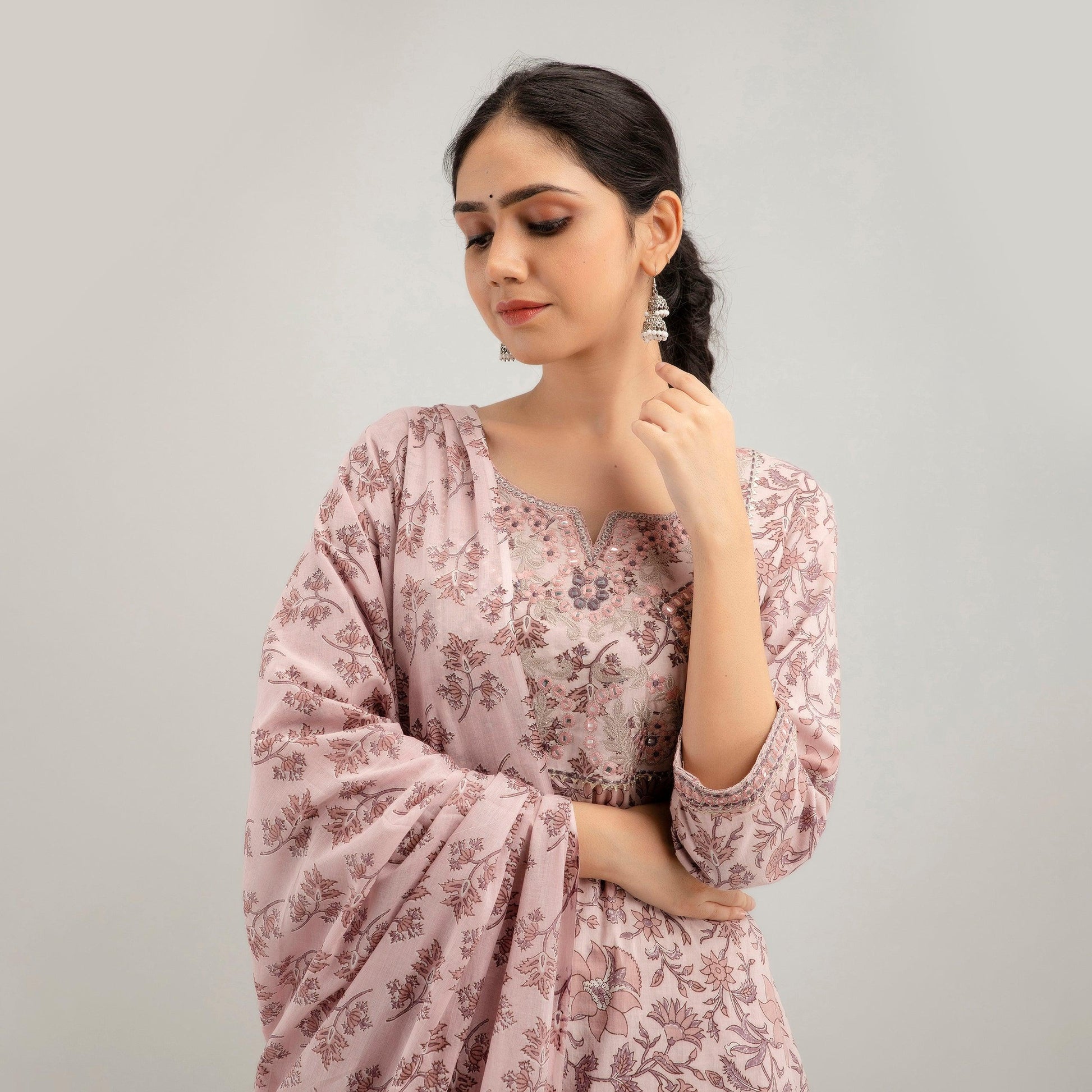 Purple Floral Print with Yoke Design A-Line Kurta with Trousers & Dupatta - Frionkandy