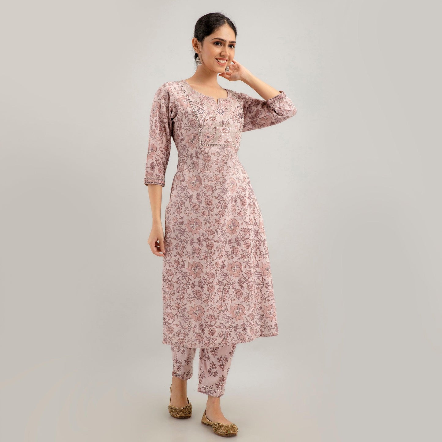 Purple Floral Print with Yoke Design A-Line Kurta with Trousers & Dupatta - Frionkandy