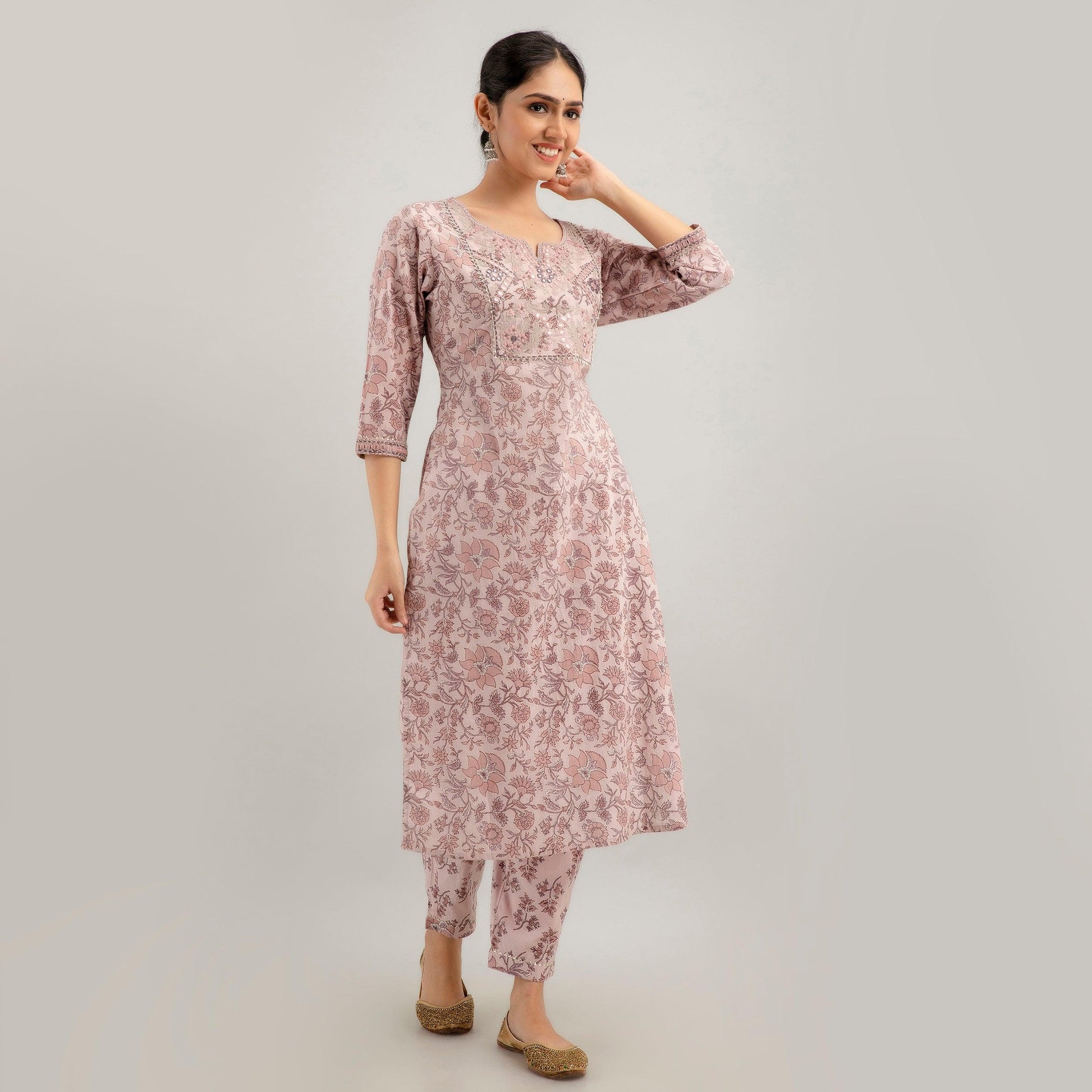 Purple Floral Print with Yoke Design A-Line Kurta with Trousers & Dupatta - Frionkandy