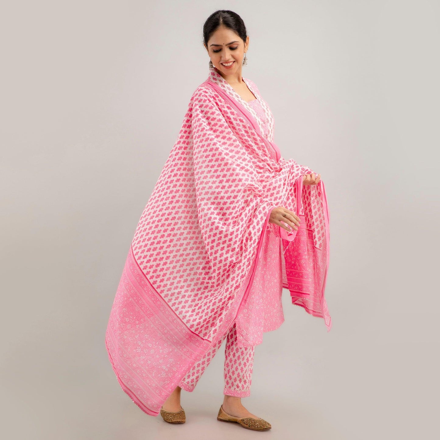 Pink Floral Print with Yoke Design Straight Kurta with Trousers & Dupatta - Frionkandy